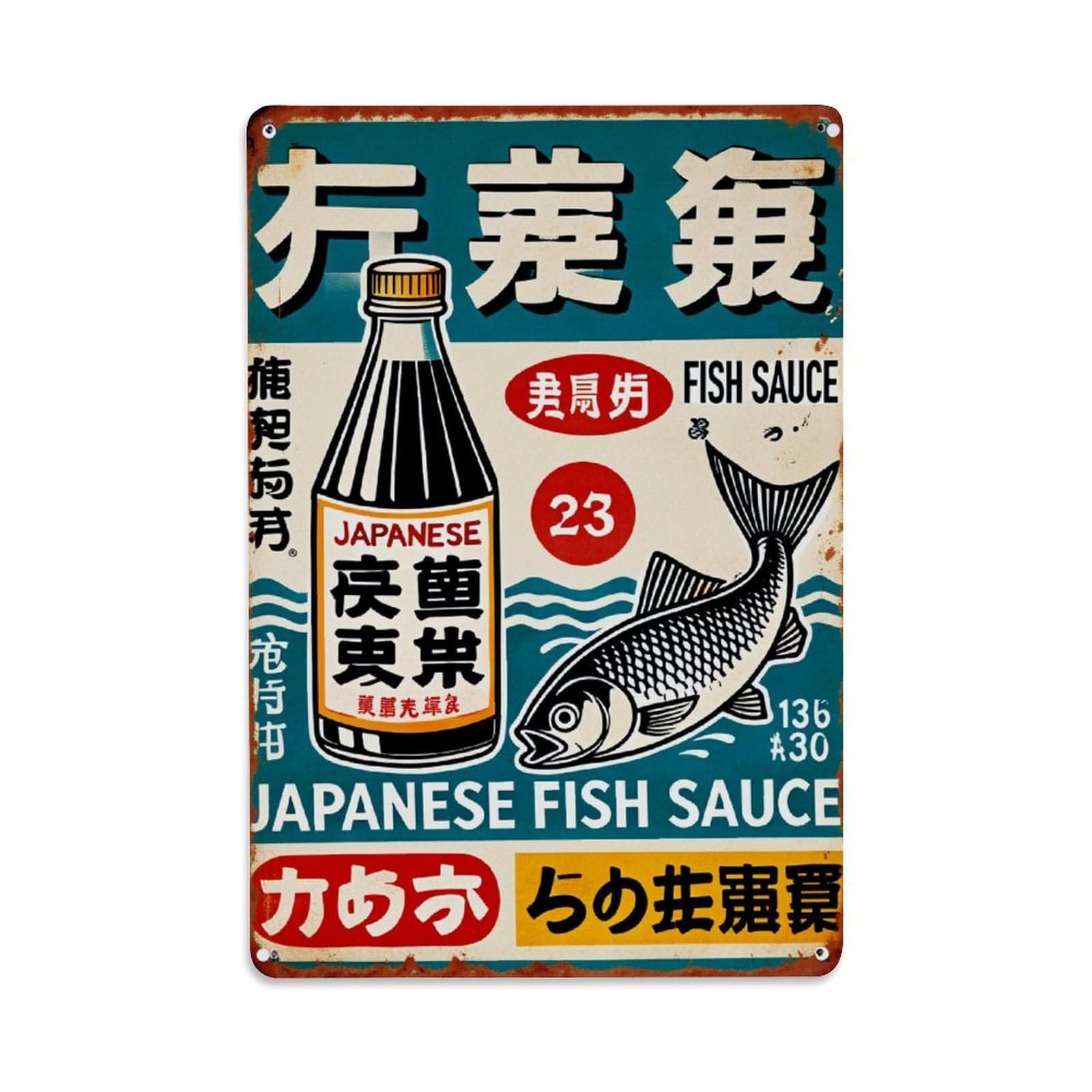 Enderetf Vintage Japanese Fish Sauce Bottle Fish Tin Sign Metal Poster, Home Bar Garage Man Cave Cafe Indoor & Outdoor Wall Decoration 8X12inches