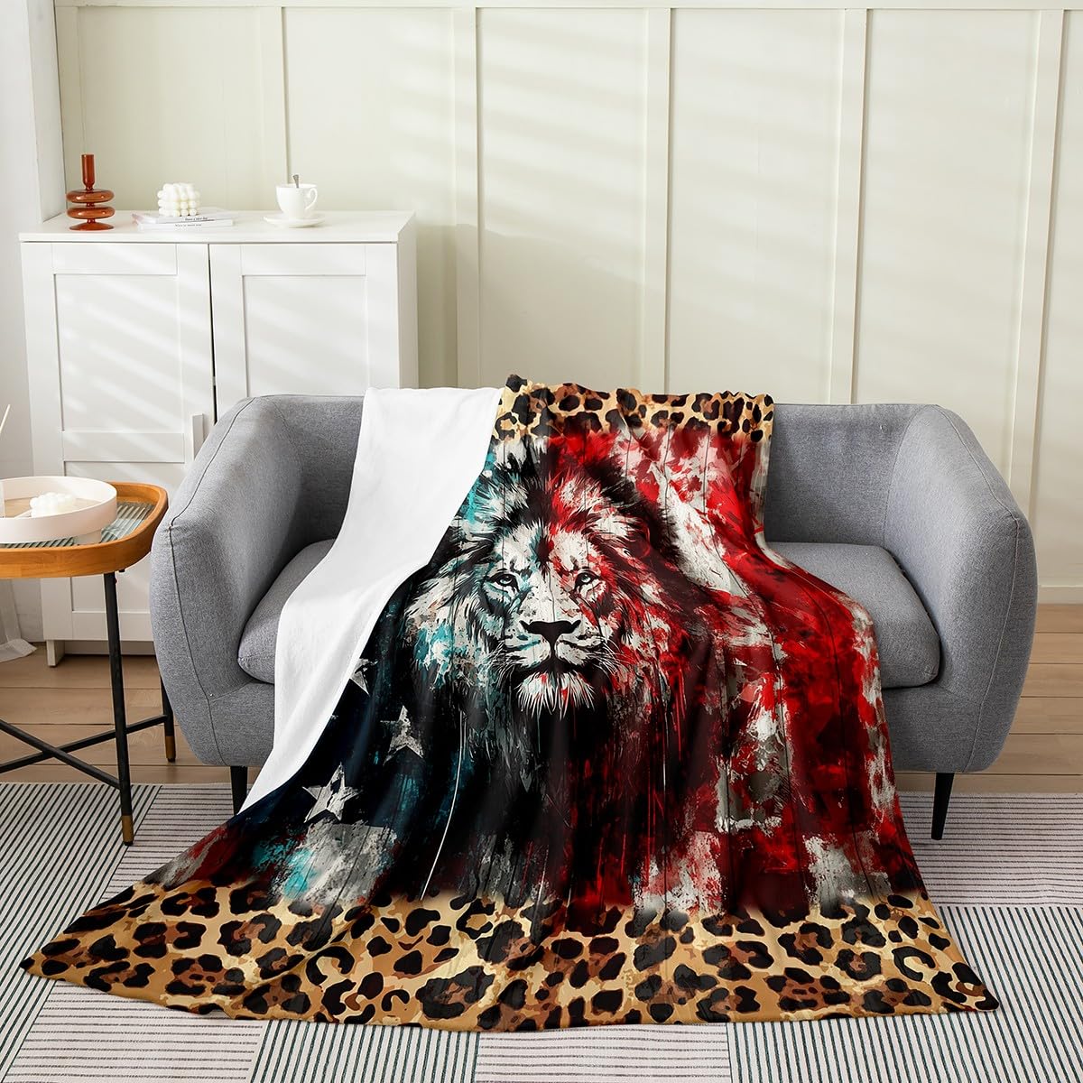 Couverture en flanelle lion motif drapeau américain, plaid polaire haut de gamme rouge et bleu