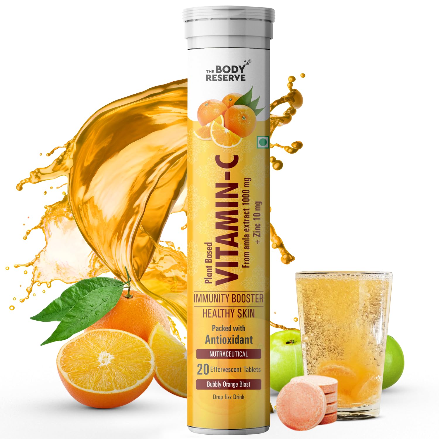 The Body Reserve Natural Vitamin C, Amla Extract With Zinc For Immunity, Skin Care, Antioxidants and Energy Boost, Orange Flavour 20 Effervescent Tablets (Pack Of 1)