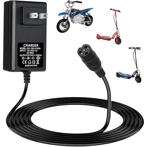 24V Electric Scooter Charger for Razor E300 E200 E150 E125 E100 MX350 Dirt Bike Pocket Mod Sports Mod Dirt Quad Motorcycle Razor Scooter Charger 3-Prong Inline Female Electric Battery Power Cord