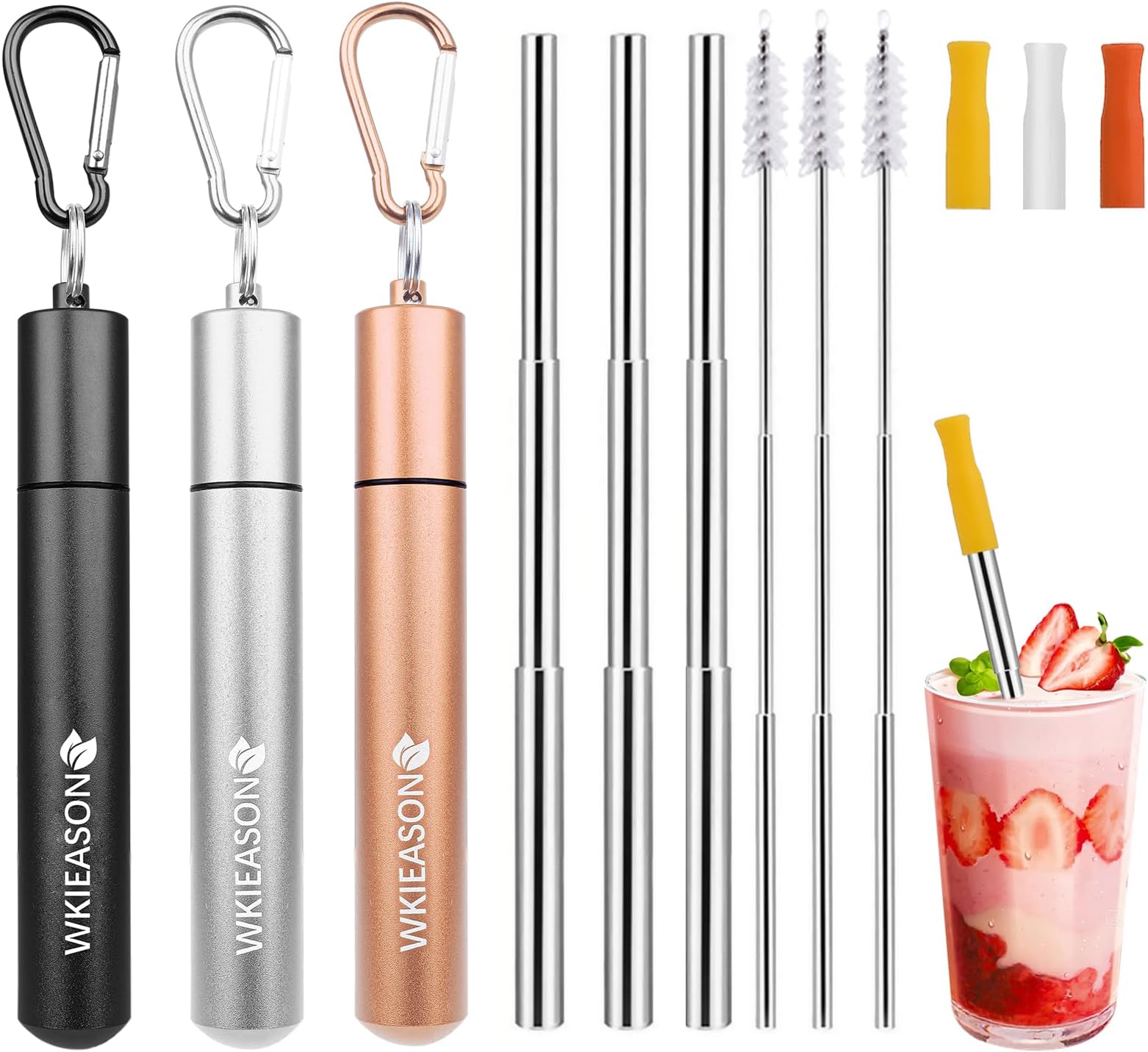 – WKIEASON 3 Pack Portable Metal Drinking Straws Collapsible Stainless Steel Straws Telescopic Reusable Straw with Aluminum Key-Ring Case & Cleaning Brush and Silicone Tips for Travel Home Work