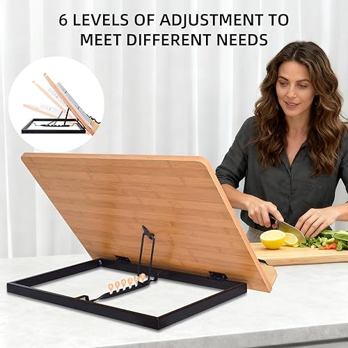 Miniatura 27 de wishacc Atril de bambú para libros de cocina con 5 alturas ajustables de 13.2 x 9.2 pulgadas