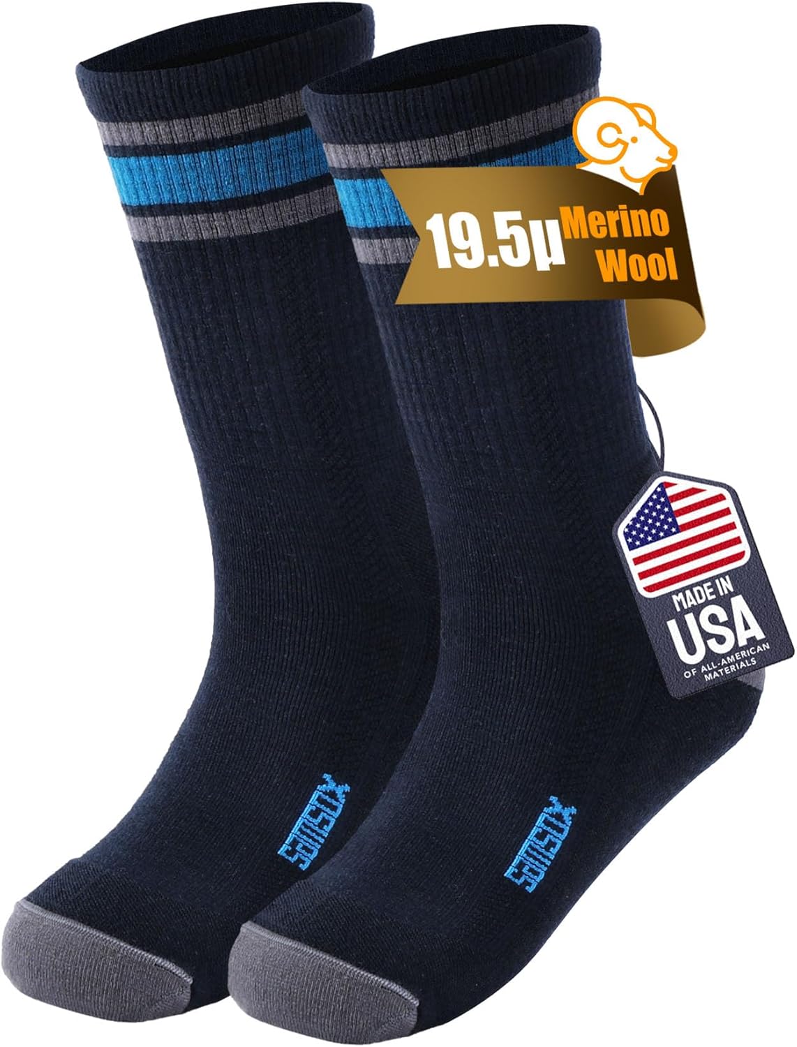 Merino Wool Hiking Socks, Made in USA - 200 Needle Knit, Moisture Wicking & Anti-Blister, Lightweight with Cushion