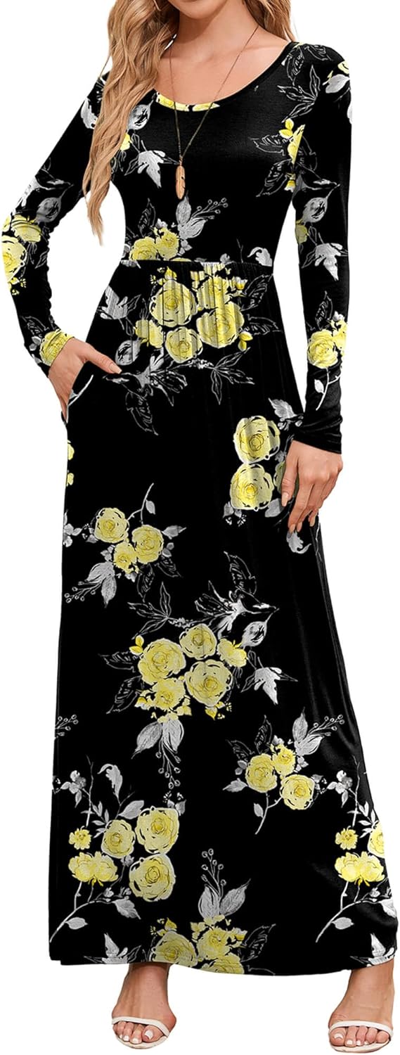 DEARCASE Women's Maxi Dress Long Sleeve Crewneck Loose Plain Casual Empire Waist Fall Party Long Dresses with Pockets
