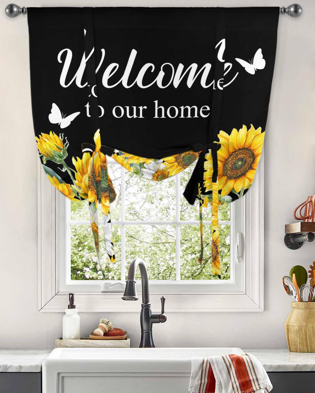 Tie Up Curtains for Windows Welcome Home Sunflower Funny Words Rod Pocket Window Shade Adjustable Balloon Curtain Valance Black Yellow for Bedroom Kitchen Bathroom Blinds,34x45In