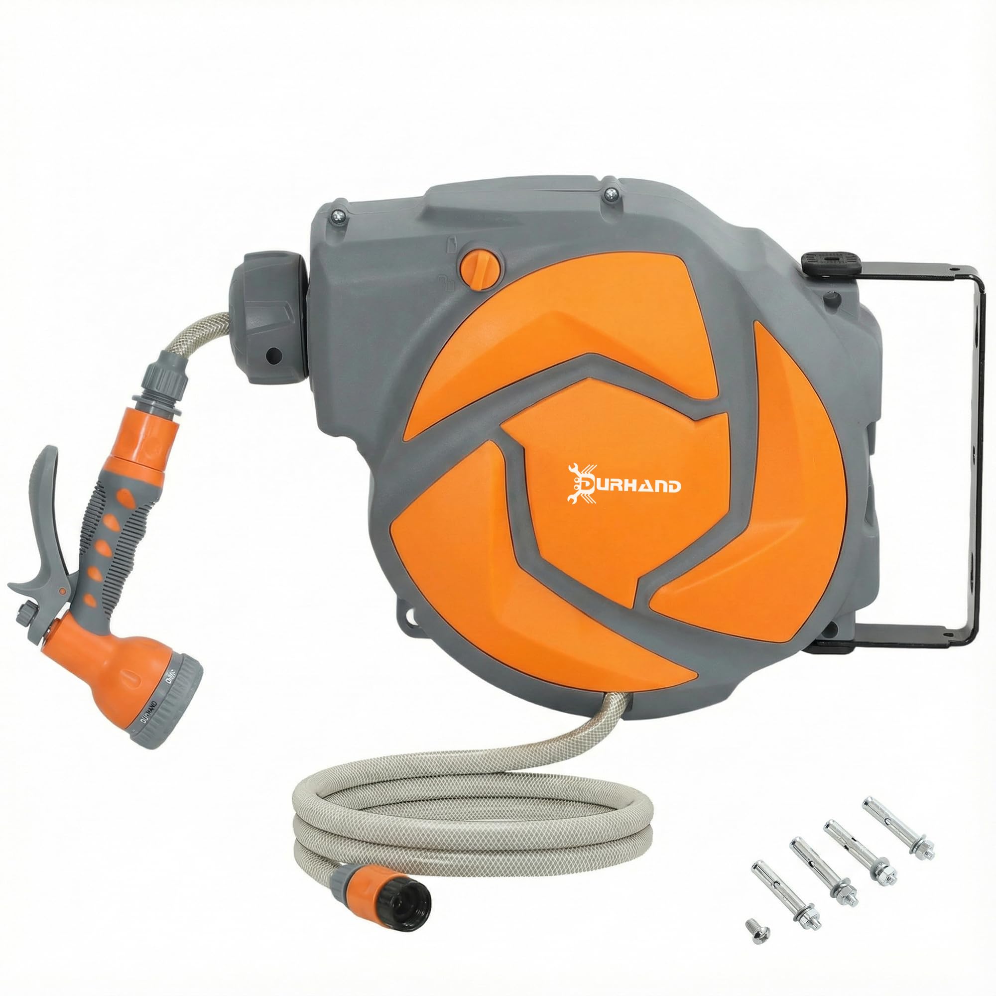 DURHAND Avvolgitubo da giardino 10+1 m con ugello a 7 funzioni, bobina avvolgitubo da giardino a parete, girevole a 180°, con riavvolgimento automatico, grigio scuro e arancione