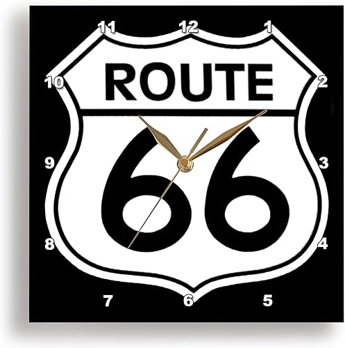 3dRose DPP_110012_1 Route 66, reloj de pared blanco y negro, 10 x 10 pulgadas