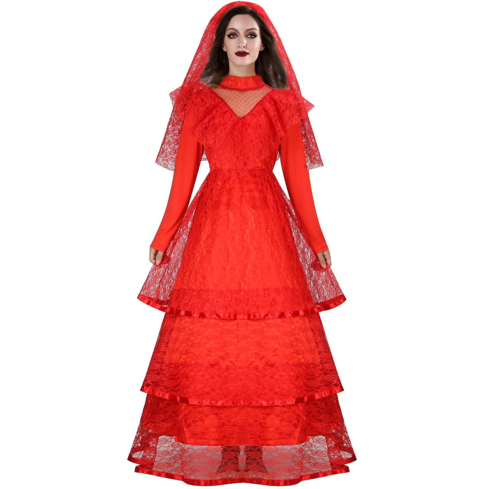 Sposa Lydia Costume da Sposa Rosso per Donne Halloween Abito Gotico in Pizzo Velo Matrimonio Cosplay Outfit