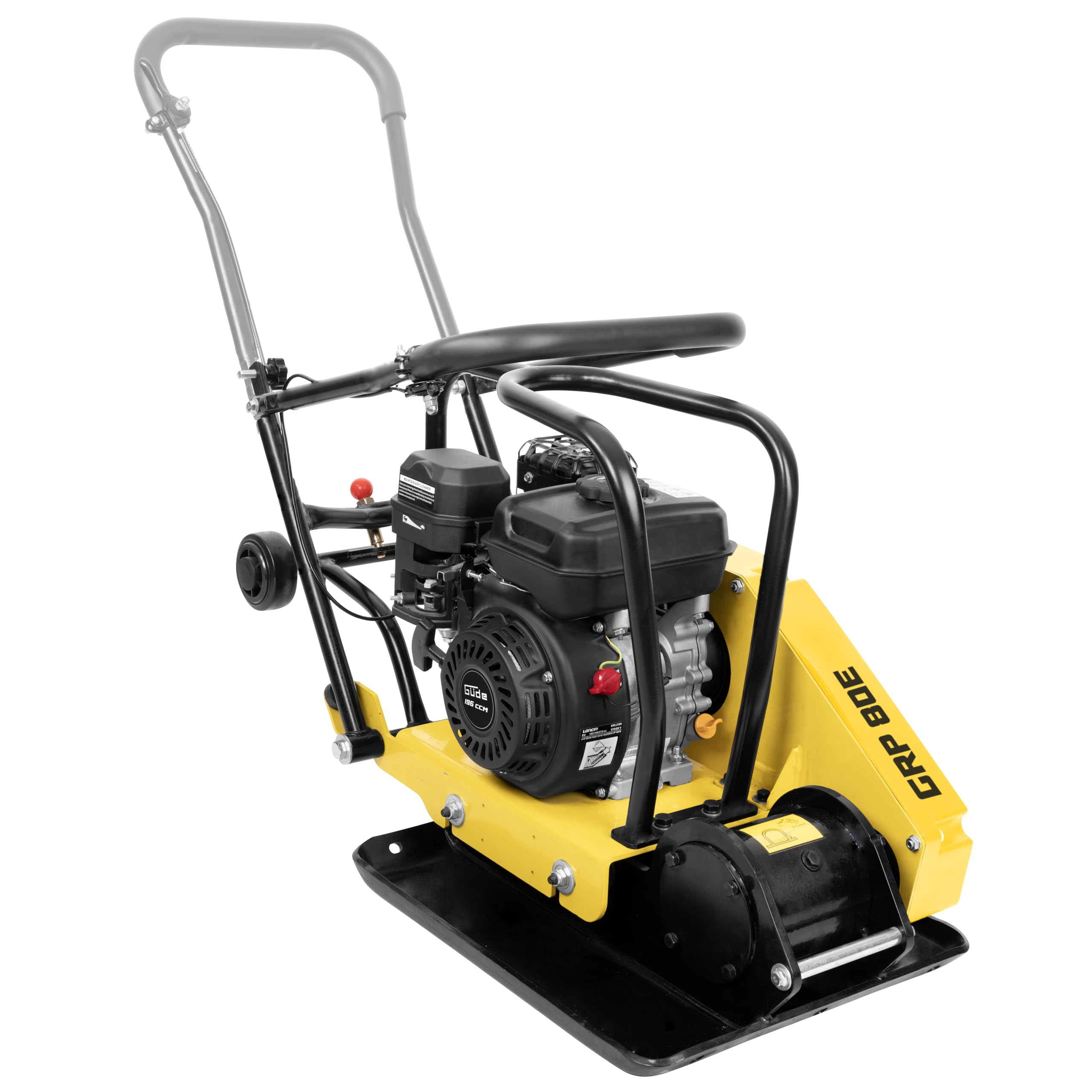 Güde GRP 80E Rüttelplatte - 4-Takt-Motor, 196 Kubikzentimeter Hubraum, 4,1 Kilowatt, 5,5 PS, 42 x 52 Zentimeter Arbeitsplatte, 14 kN Verdichtungsdruck, 20 m/min Vorlauf, Polyurethanmatte, Fahrwerk