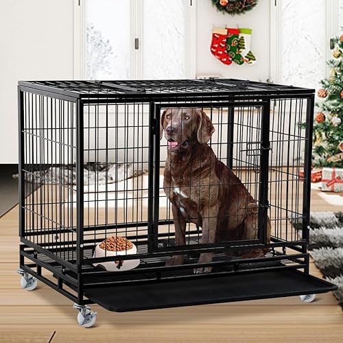 Miniatura 2 de Perrera para perros grande resistente con bandeja de plástico y ruedas, jaula XXL de 48 pulgadas para perros al aire libre con puertas dobles, cajas
