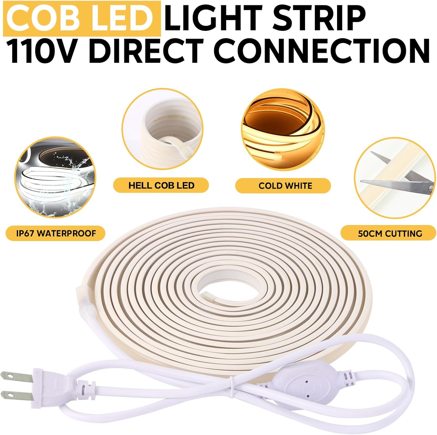 110V COB LED Strip Outdoor LED Strip Lights Waterproof IP67 3000K Warm White, 2 Meters Flexible Strip Lighting for Mirror Living Room Bedroom and Study (Warm White, 6.56ft)