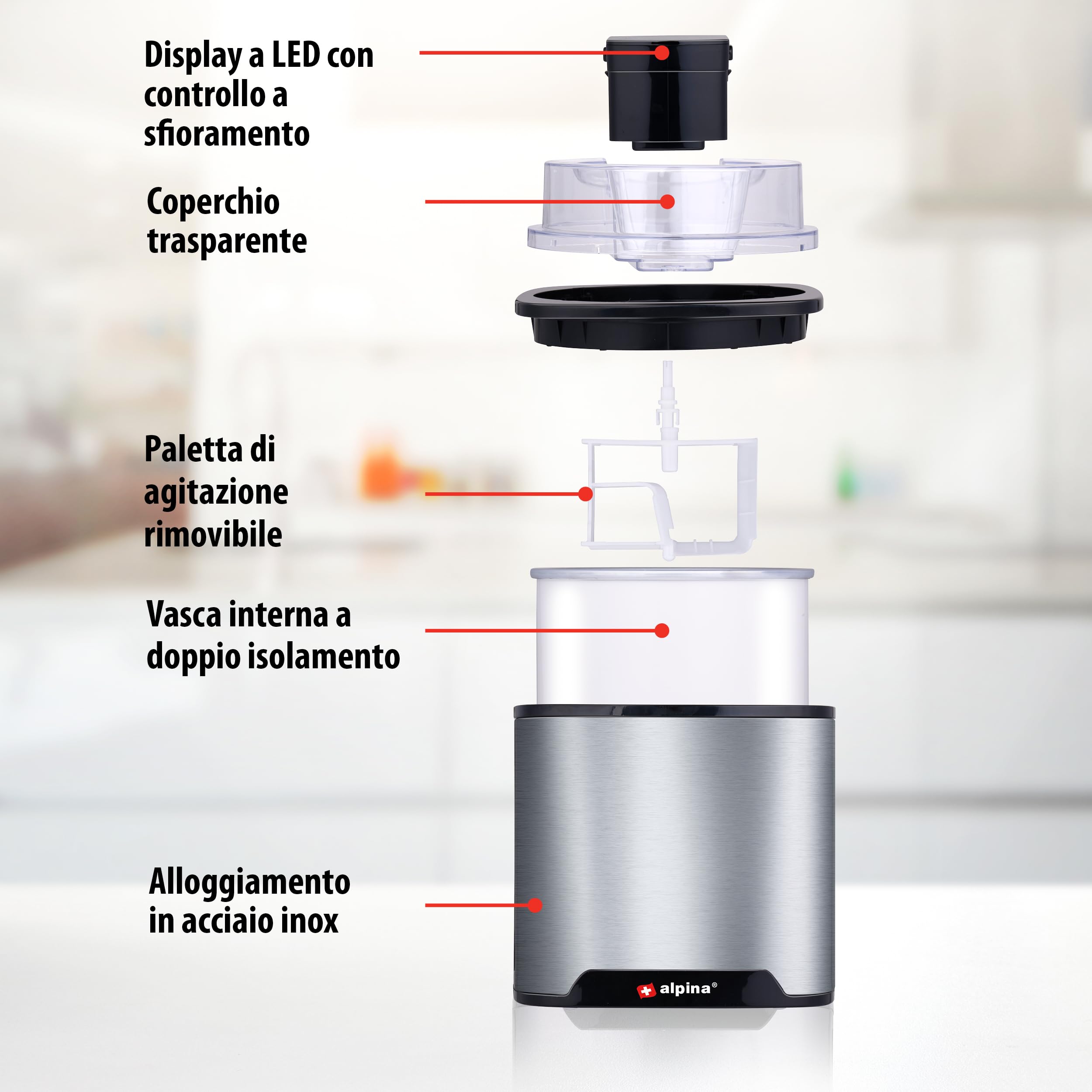 alpina Gelatiera Refrigerante 2L, Macchina Gelato, Yogurt Gelato, Sorbetto, Doppio Isolamento, Ice Cream Maker Autoattivante, Acciaio Inossidabile, Colore Argentoe Argento