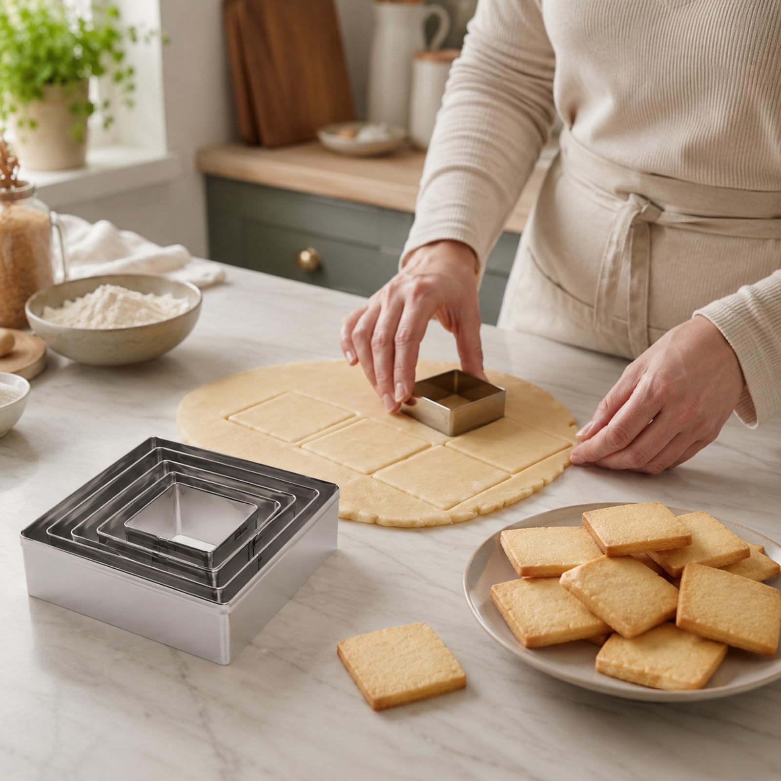 5PCS Square Cookie Cutters Set, Stainless Steel Nested Baking Molds, 5 Sizes Metal Baking Cutter Rust-Resistant Metal Baking Tools for Cookies Pastry Fondant Sandwich Dough
