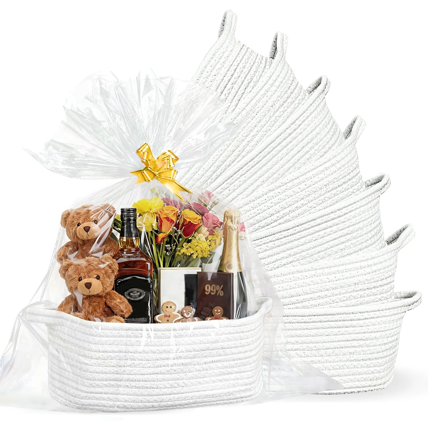 8 Pack Small Woven Baskets with Gift Bags & Ribbons & Cards, Cotton Rope Durable Storage with Handles 12"x8"x5" Empty Gift Baskets for Easter Birthday Baby Shower Organizer Decorative (White)