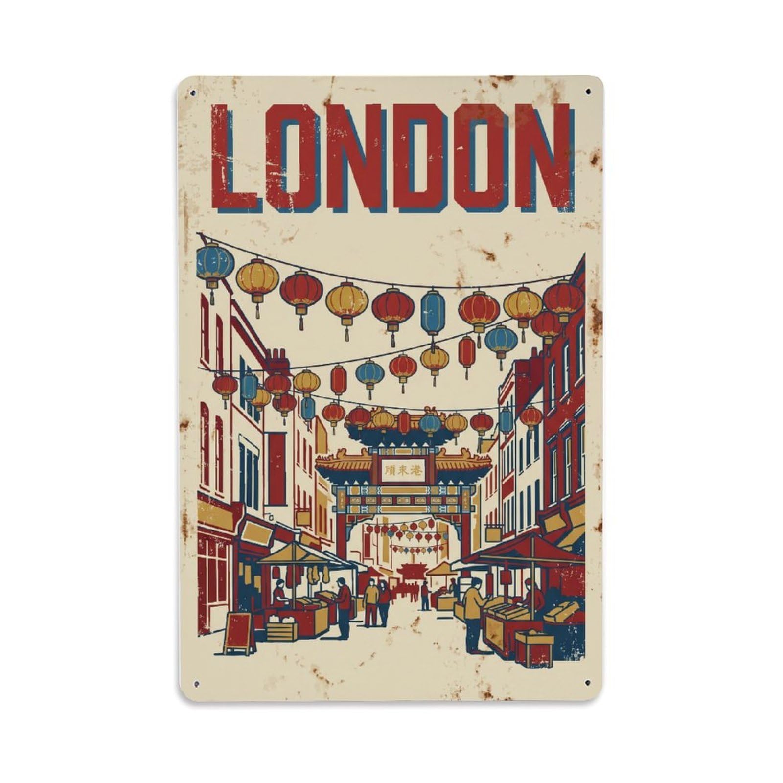 Vintage Travel London Chinatown Lanterns District Rusted England Metal Tin Sign Plaque Wall Decor for Cafe, Club Bar, Office, Home Garden Metal Poster 8x12Inch