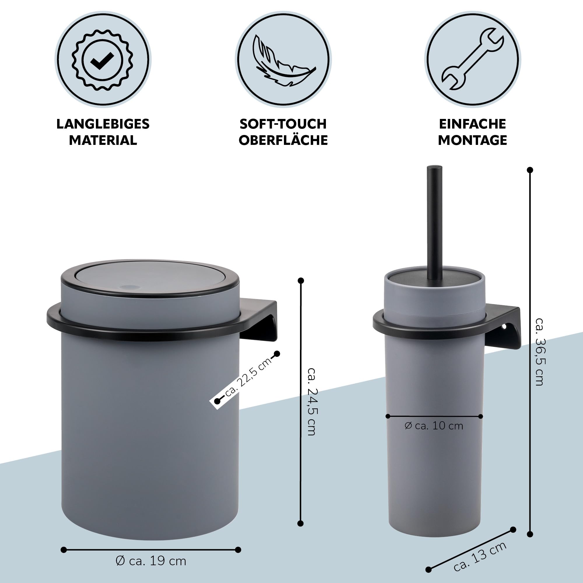 bremermann rundes 2tlg. Bad-Set Savona mit gummierter Softtouch-Oberfläche inkl. Wandhalterung zum Kleben oder Bohren, moderner Kosmetikeimer 5,5 Liter und WC-Garnitur aus Kunststoff (Grau)
