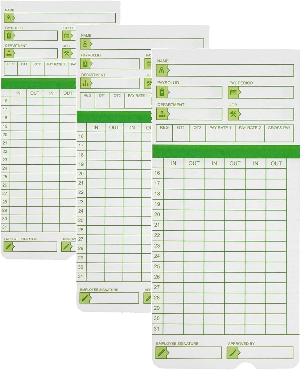 Zzrywuty Tarjetas de tiempo para empleados mensuales, todos los períodos de pago, 300 tarjetas de tiempo para Hn3000, 2 caras, 3 3/8" x 7 3/8", verde (paquete de 3)