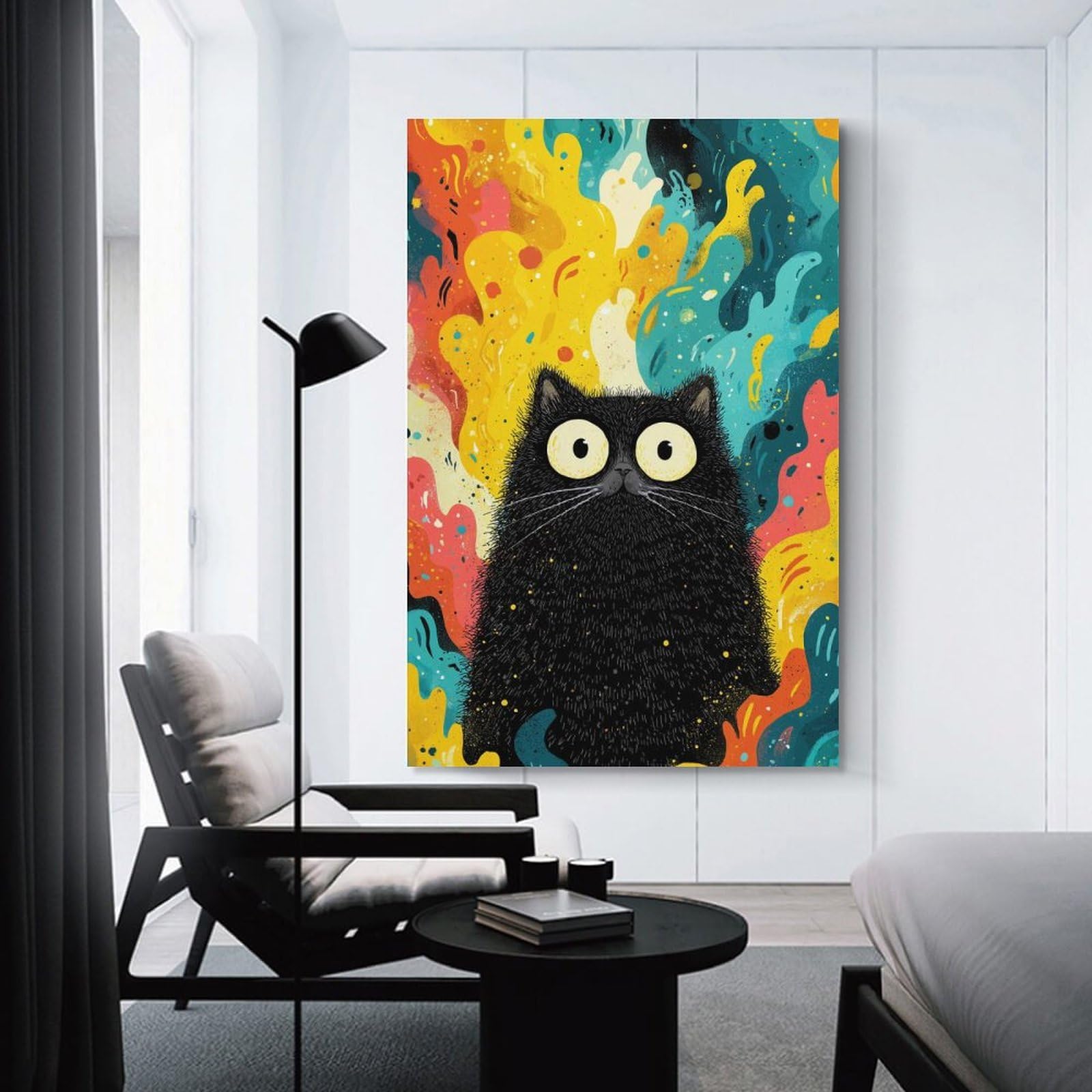Junmoney Fluffy Black Cat with Colorful Background Wall Picture Print 12x18inch(30x45cm), for Corridors, Hallways Or Apartment Entries, Wall Decor to Refresh Empty Corners