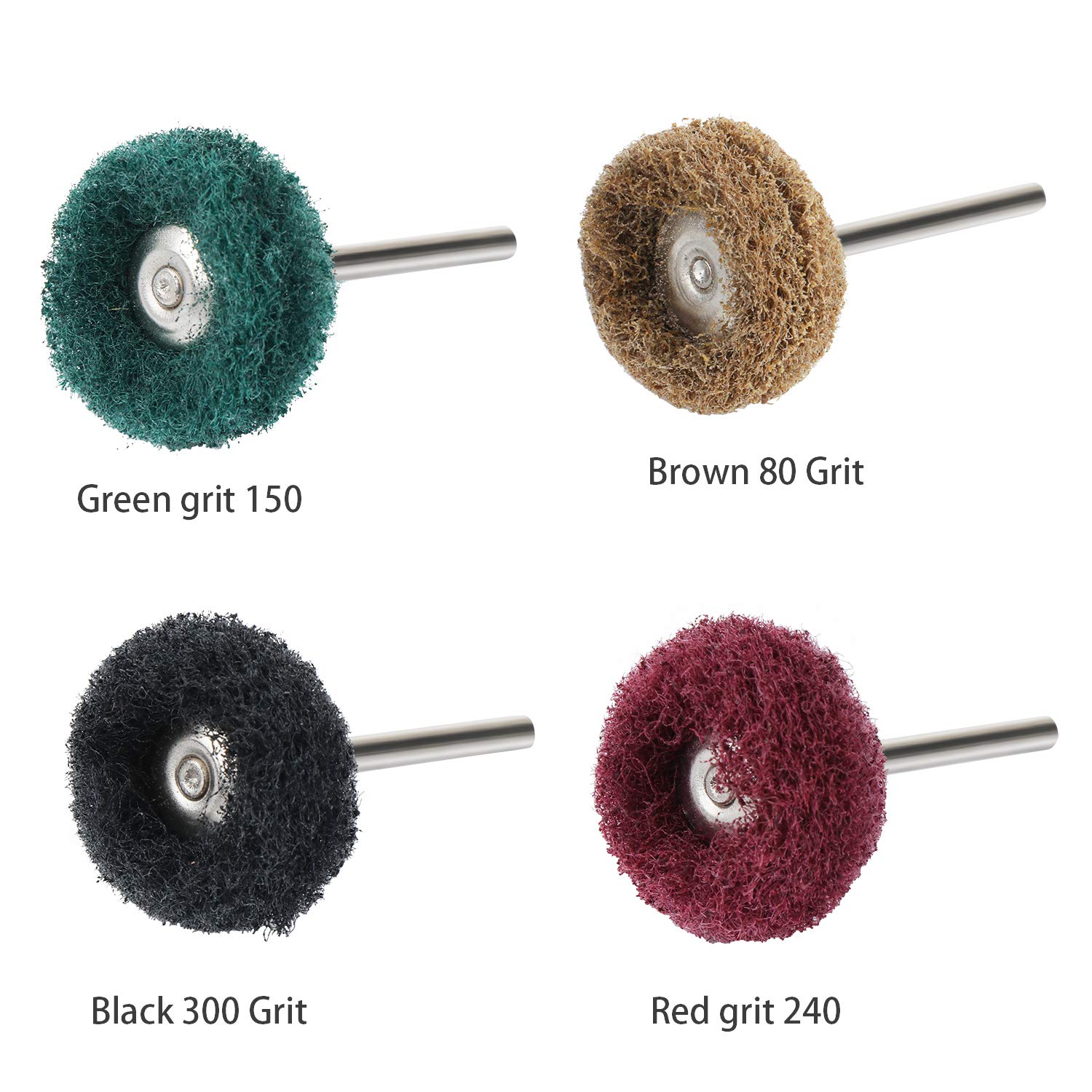 Lot de 80 Roues de polissage abrasif de 25 mm, Accessoires de polissage pour outils rotatifs Dremel, Grain 80/150/240/300, tampon à récurer et queue en métal