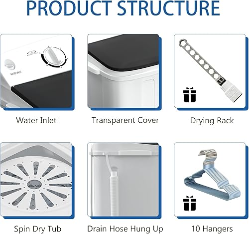 Miniatura 2 de Mini lavadora de 18 libras, lavadora portátil y compacta con lavado de 11 libras y secado giratorio de 7 libras, estante de secado gratuito y 10