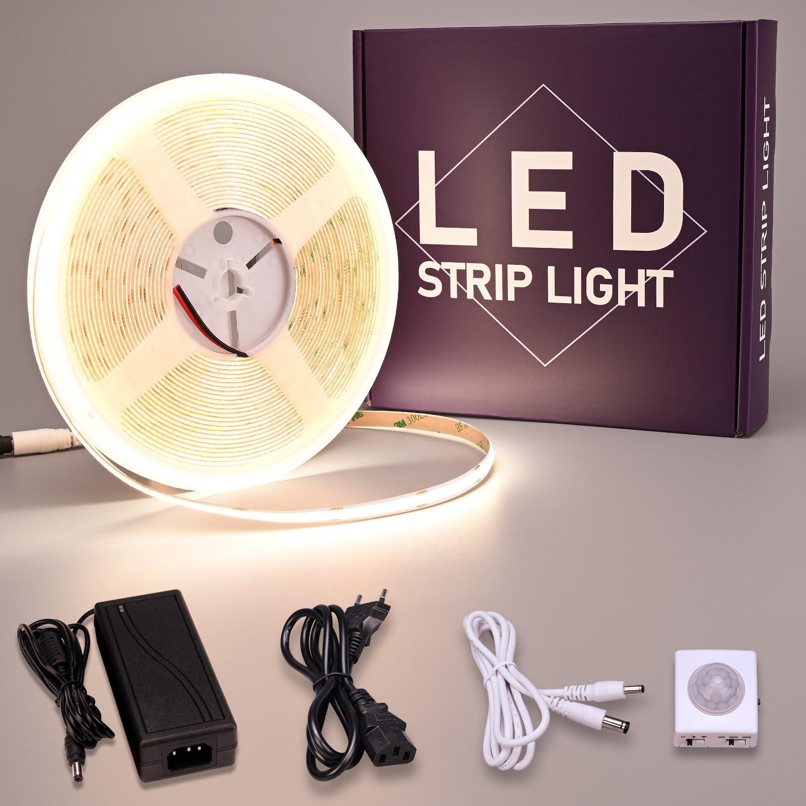 GOMING 24V 10M Striscia LED COB con Sensore di Movimento Bianco Naturale 4000K Strisce LED con 24V 3A Alimentatore IP20 Non Impermeabile CRI 93+ per Mobili Cucina Scala Vetrina Camera da Letto Letto
