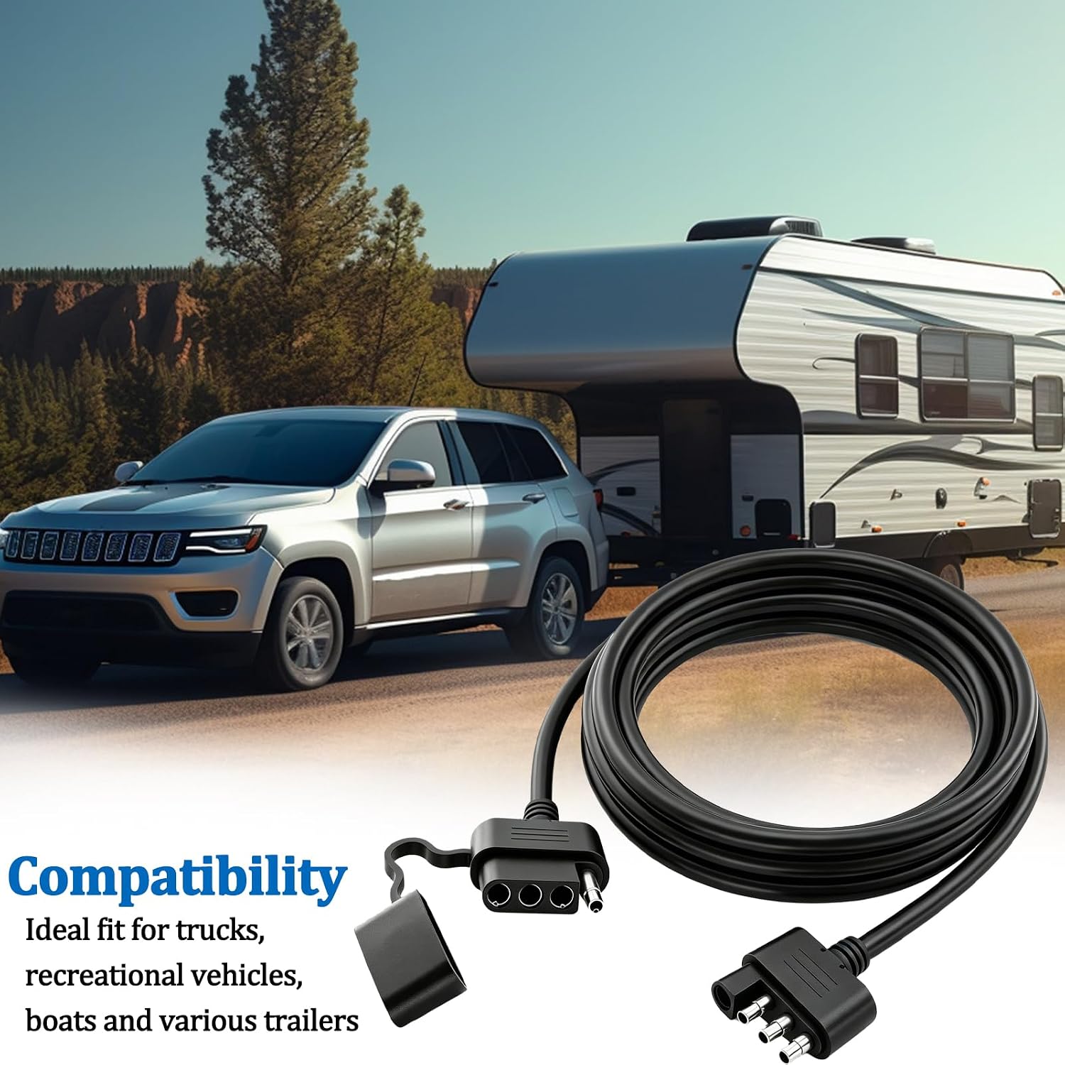 4-Core Flat Trailer Coiled Extension Cable, 4-Pin Trailer Wiring Harness Extension with Male-to-Female Connector, Suitable for LED Trailer Lights and Tailgate Light Bars