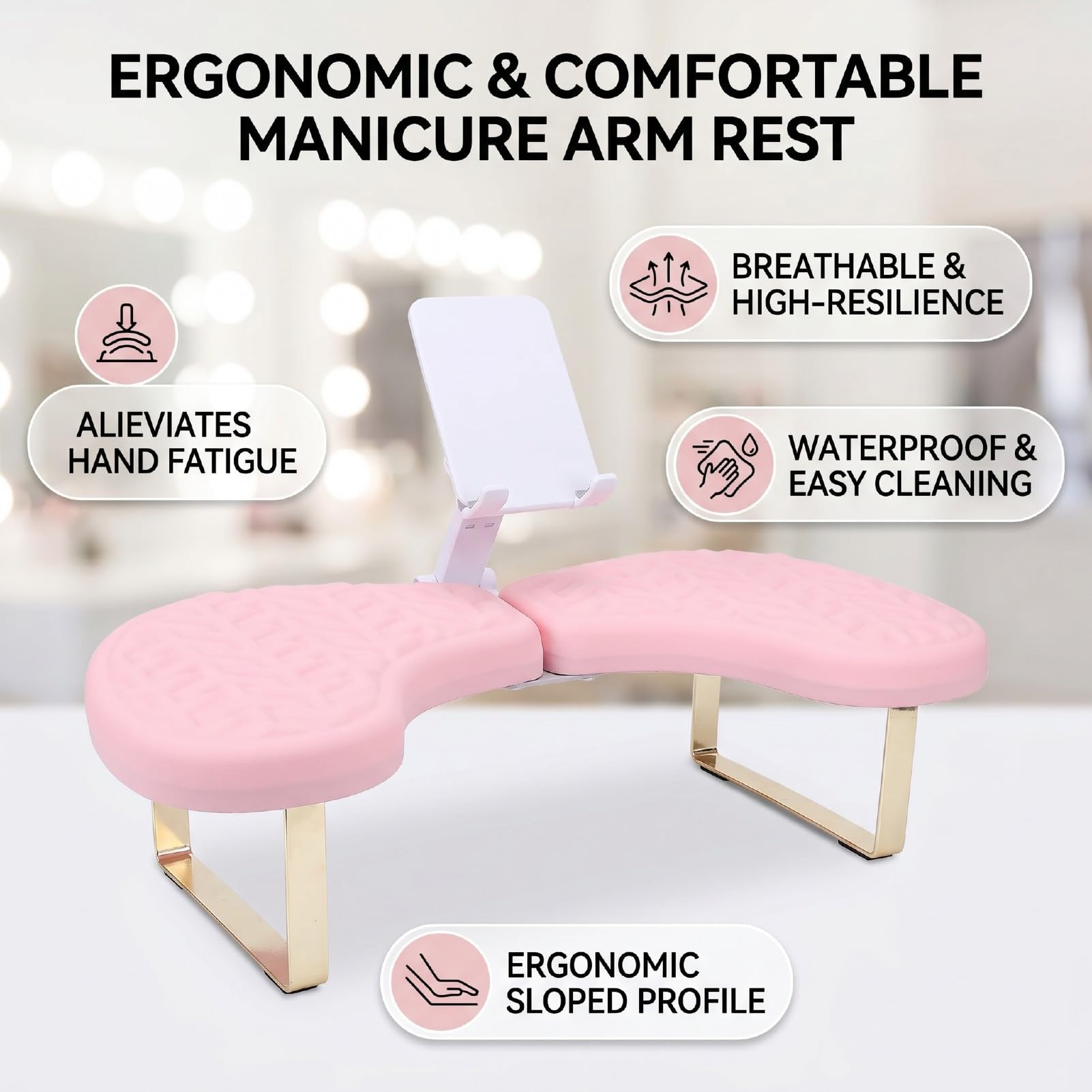 Sonew Podpórka na Dłonie do Paznokci, Oddychający, Ergonomiczny Podłokietnik do Manicure w Kształcie Litery U z wodoodporną podkładką z gąbką zapamiętującą Kształt Salonu Paznokci (PINK)