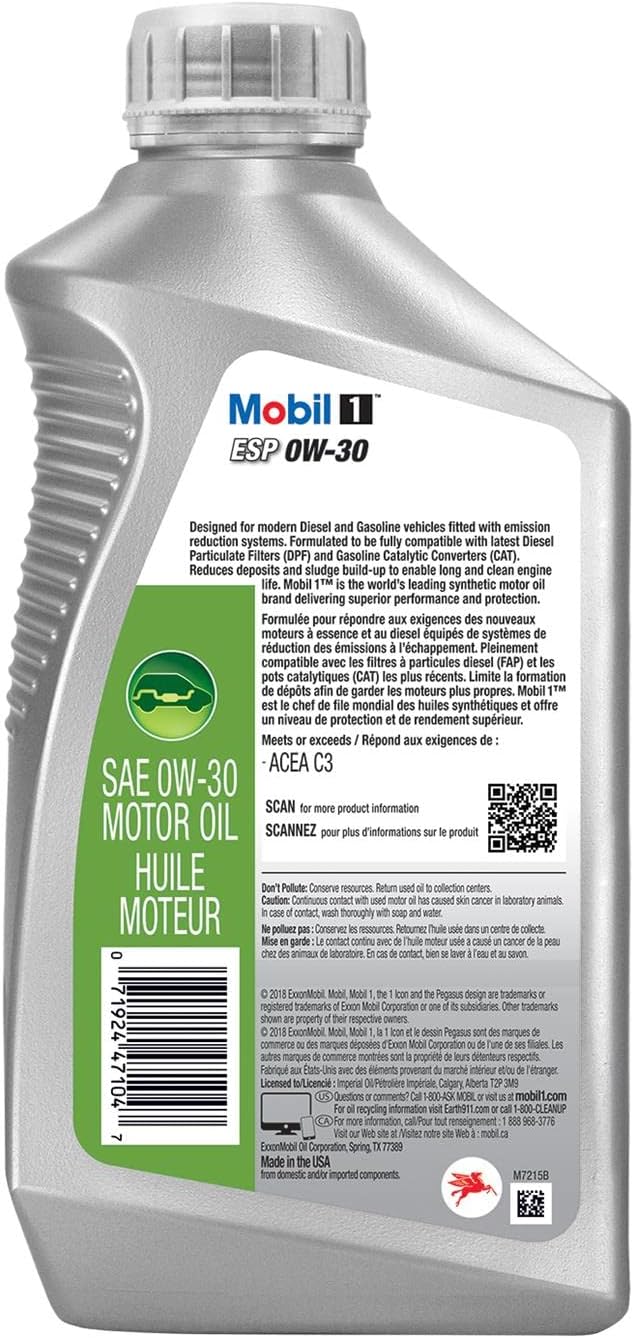 Mobil 1 ESP Full Synthetic Motor Oil 0W-30, 1 Quart, Case of 6