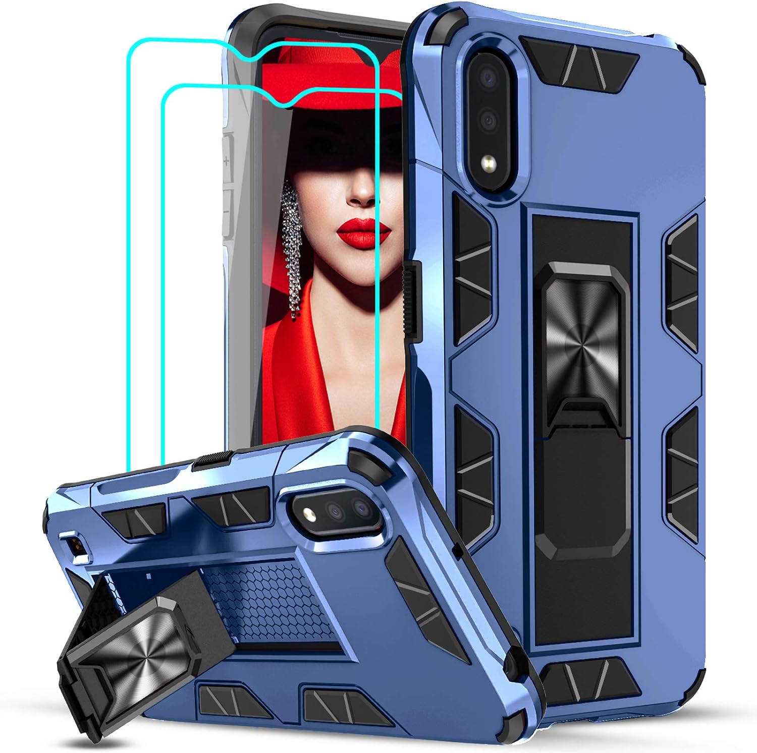 LeYi Compatible with Samsung A01 Case, Samsung Galaxy A01 Case with Tempered Glass Screen Protector [2Pack], Military-Grade Shockproof Built-in Kickstand Car Mount Phone Case for Galaxy A01, Blue