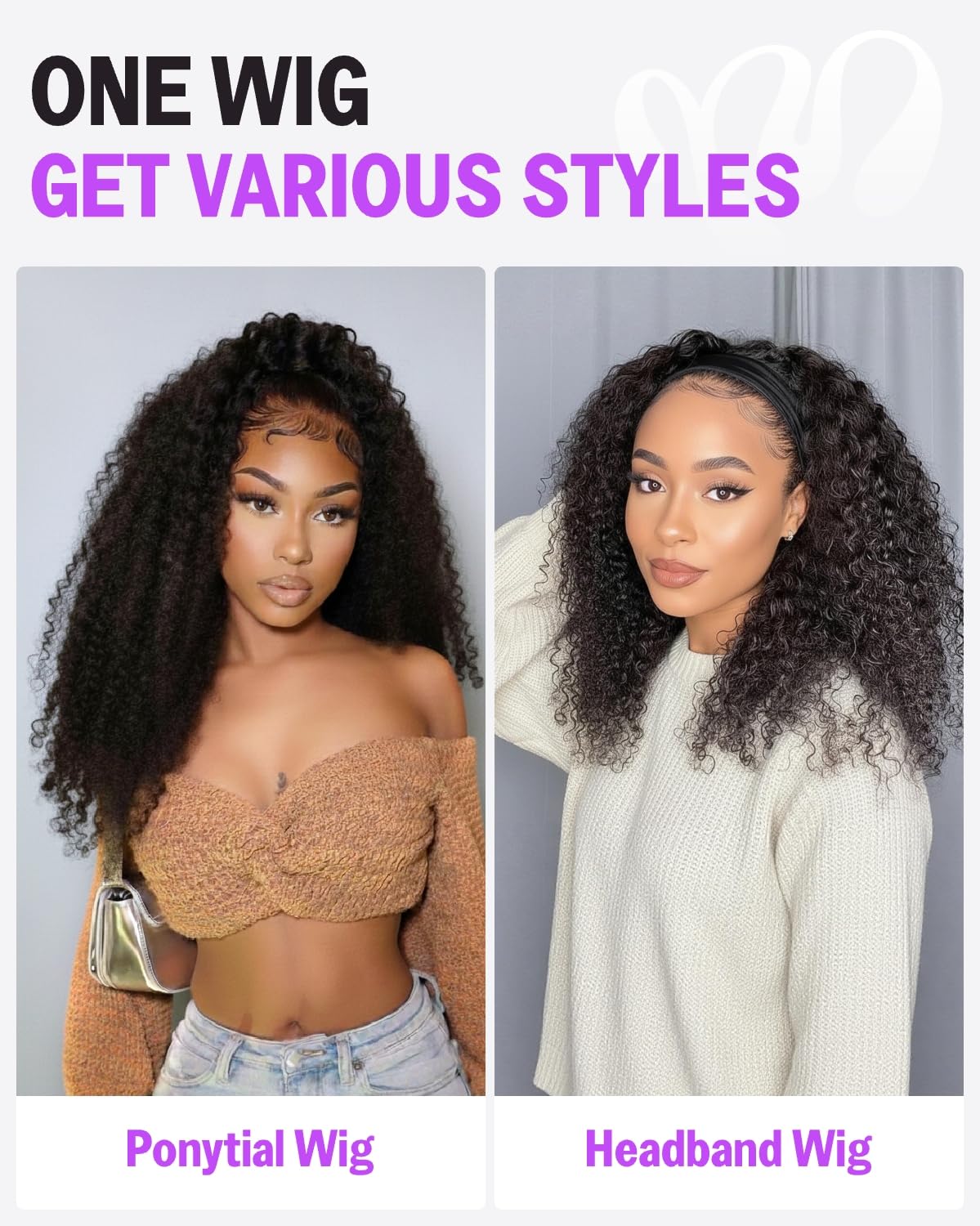Headband Wig Human Hair Special Kinky Curly Glueless Wigs Human Hair Machine Made No Lace Headband Wigs 200% Density Natural Black Kinky Curly Wig Drawstring Ponytail for Women 16 Inch