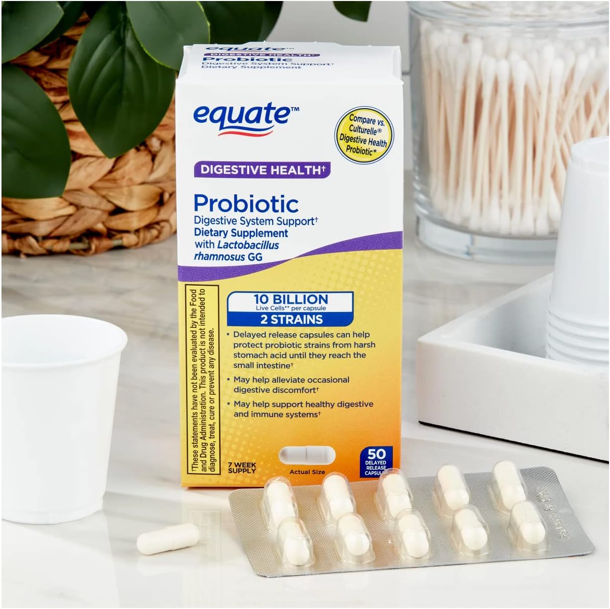 Equate Probiotic Supplement Digestive System Support - Overall Digestive Health Support - Minimizes Constipation, Diarrhea, Gas & Bloating -Delayed Release Capsules, 50 Count