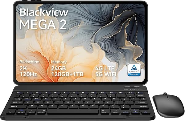 Blackview Mega2 Tablet 12 Zoll Android 15 Tablets, 24GB RAM+128GB ROM, 120HZ 2K FHD Gaming Tablet mit Tastatur Maus Stift Kopfhörer, 4G LTE+5G WiFi, 9000 mAh, WideVine L1, Dual Kamera, Face ID, Gray - 1