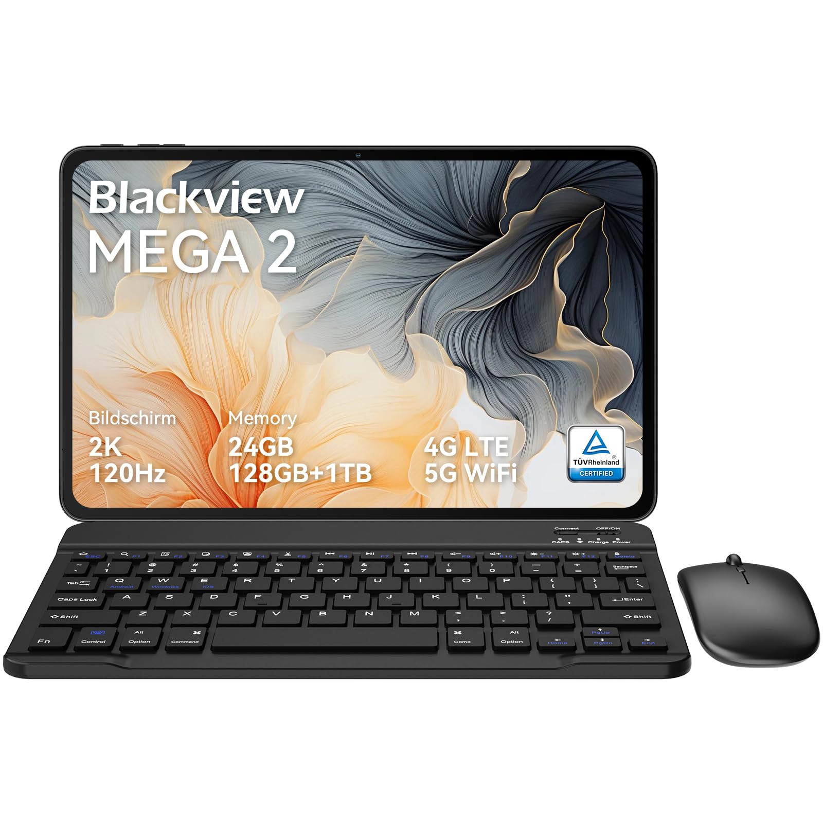 Blackview Mega2 Tablet 12 Zoll Android 15 Tablets, 24GB RAM+128GB ROM, 120HZ 2K FHD Gaming Tablet mit Tastatur Maus Stift Kopfhörer, 4G LTE+5G WiFi, 9000 mAh, WideVine L1, Dual Kamera, Face ID, Gray