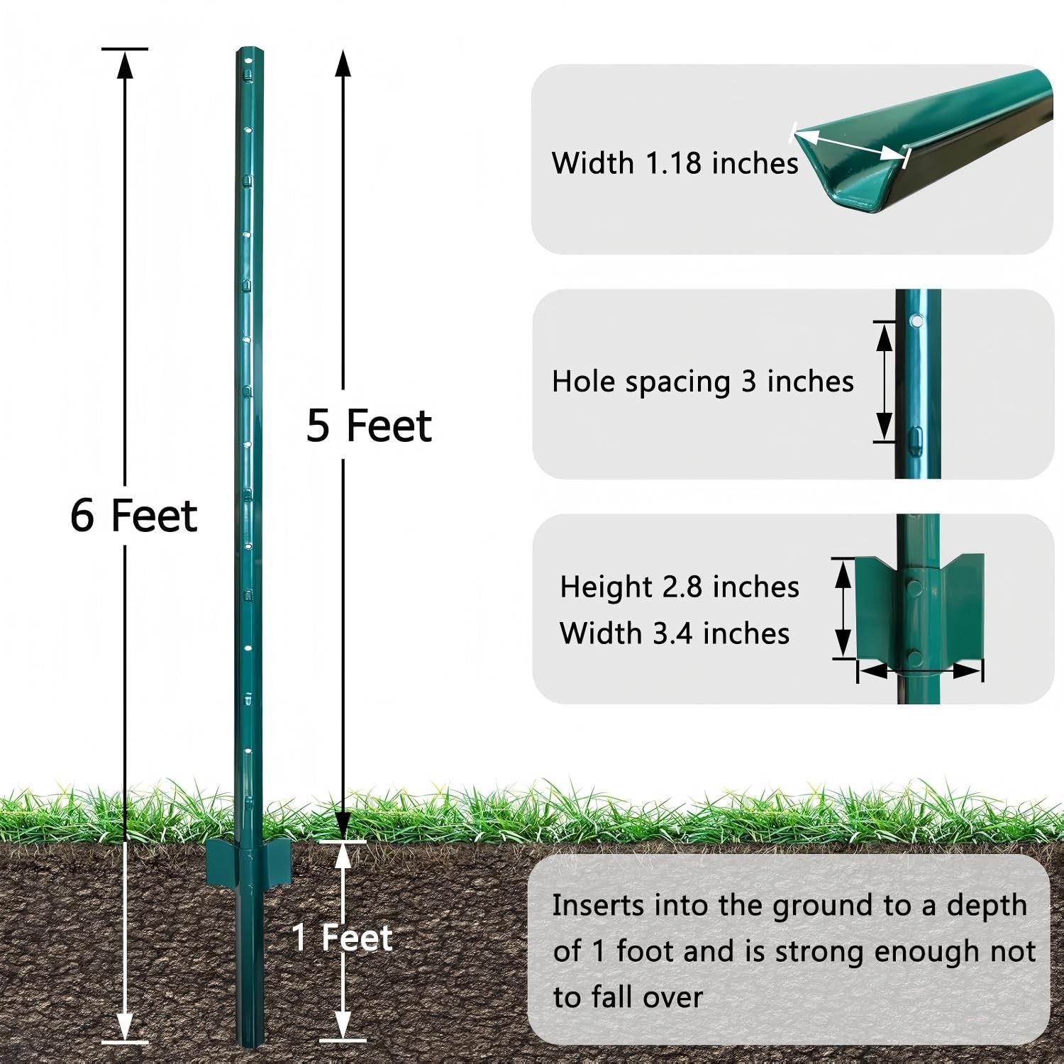 Fence Posts 6 Feet, Pack of 10, Metal Fence Poles U Post Sturdy Duty Fence Stakes Step in Post No Dig Fence Post for Garden Yard,Green