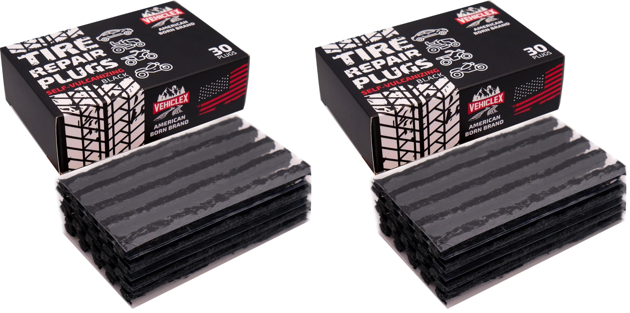 Vehiclex Flat Tire Repair Plugs - 30pcs Heavy Duty Plug and Patch Kit for Emergency Repairs, Black (Pack of 2)