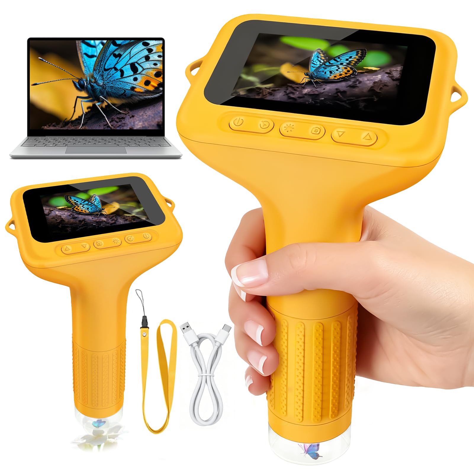 Microscopio Digitale per Bambini, 1000X Mini Microscopio Portatile con Schermo IPS 2,0" e 8 LED, microscopio Tascabile USB Type-C Compatibile PC, Gioco Scientifico Educativo dai 3+, Giallo