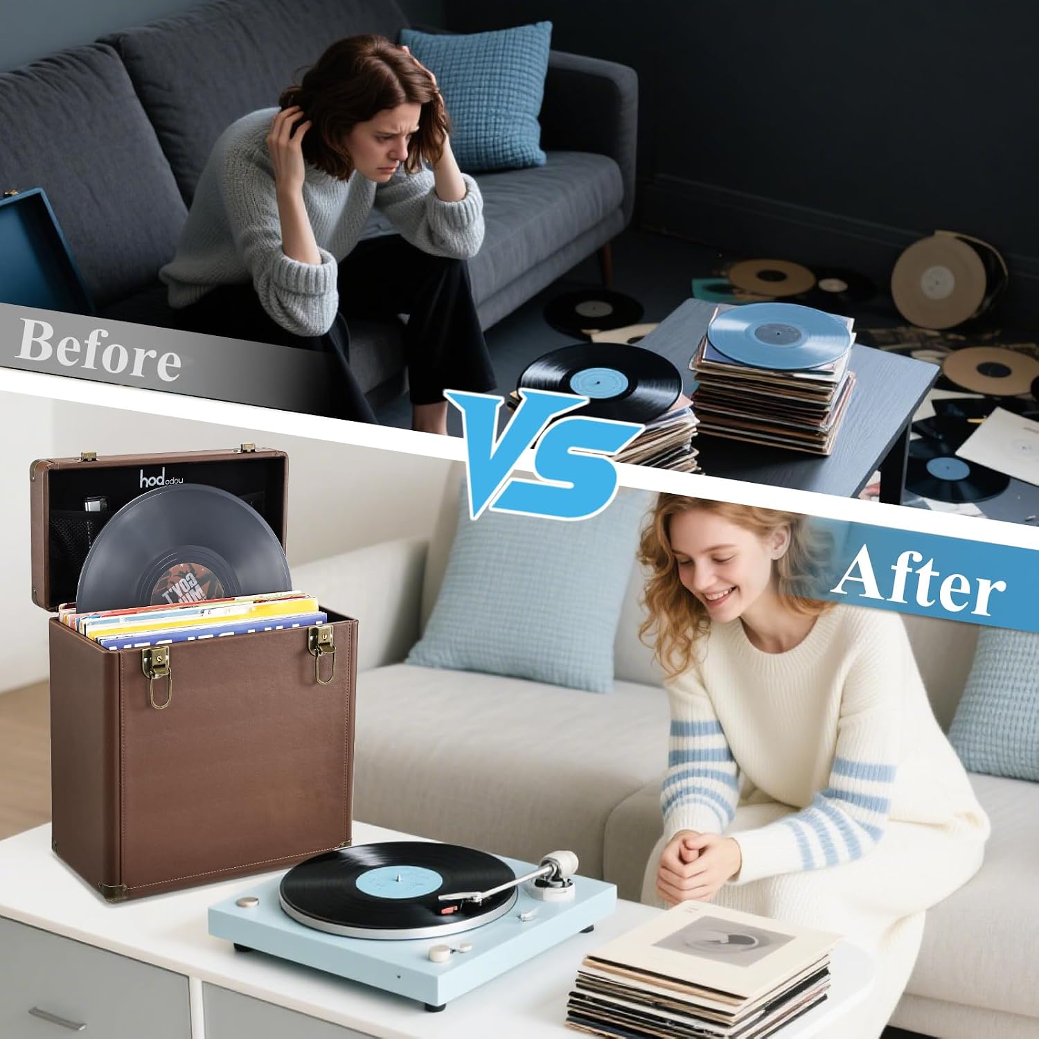 Hododou Record Storage Case Holds 30+ Single Records(12-inch) Vinyl Turntable Records Heavy-Duty Hardware Hinges Smart Metal Corners Portable with Lid Handle Mesh Pouch for Valuable Album Collection