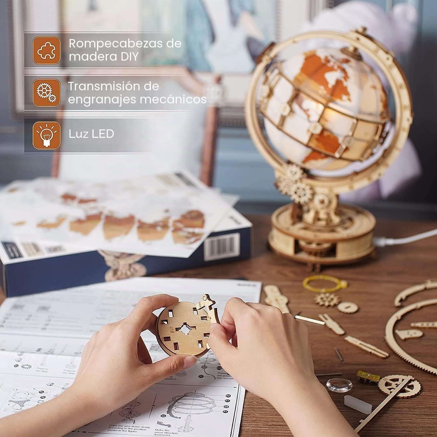ROWOOD Puzzle 3D Madera Globo Luminoso, Maquetas para Construir Adultos, Luz Nocturna, Regalos para Adolescente