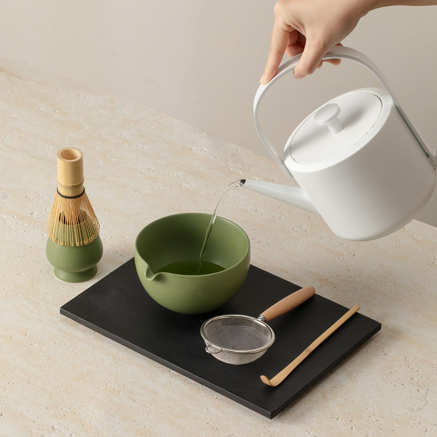 Matcha Whisk Set, Matcha Set with Ceramic Matcha Bowl, Bamboo Whisk & Holder, Sifter, Tea Scoop (Matcha Green)