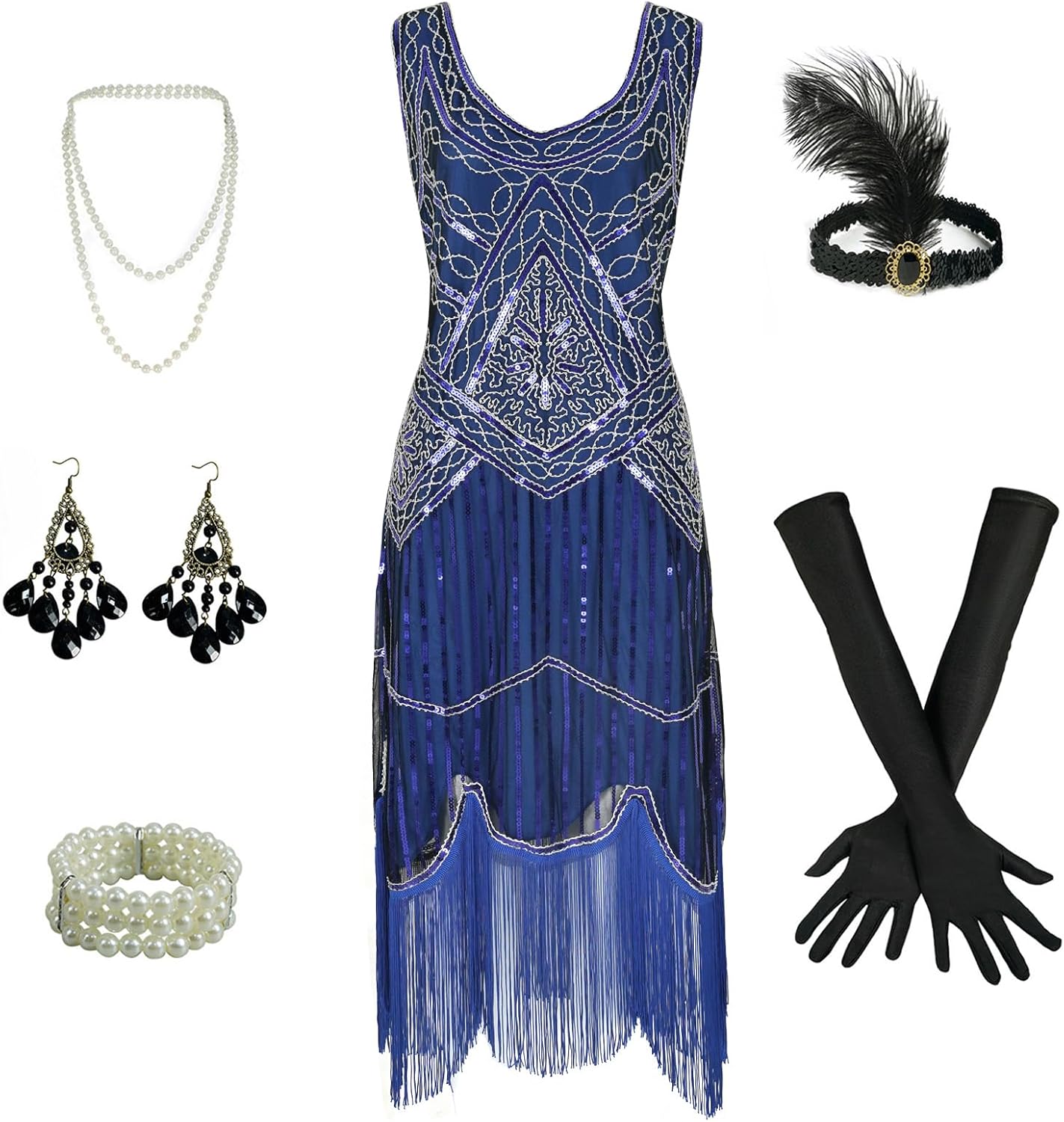Eunchaes 1920s Gatsby Sequin Fringed Beaded Flapper Dress Cocktail Dress with Roaring 20s Accessories Set
