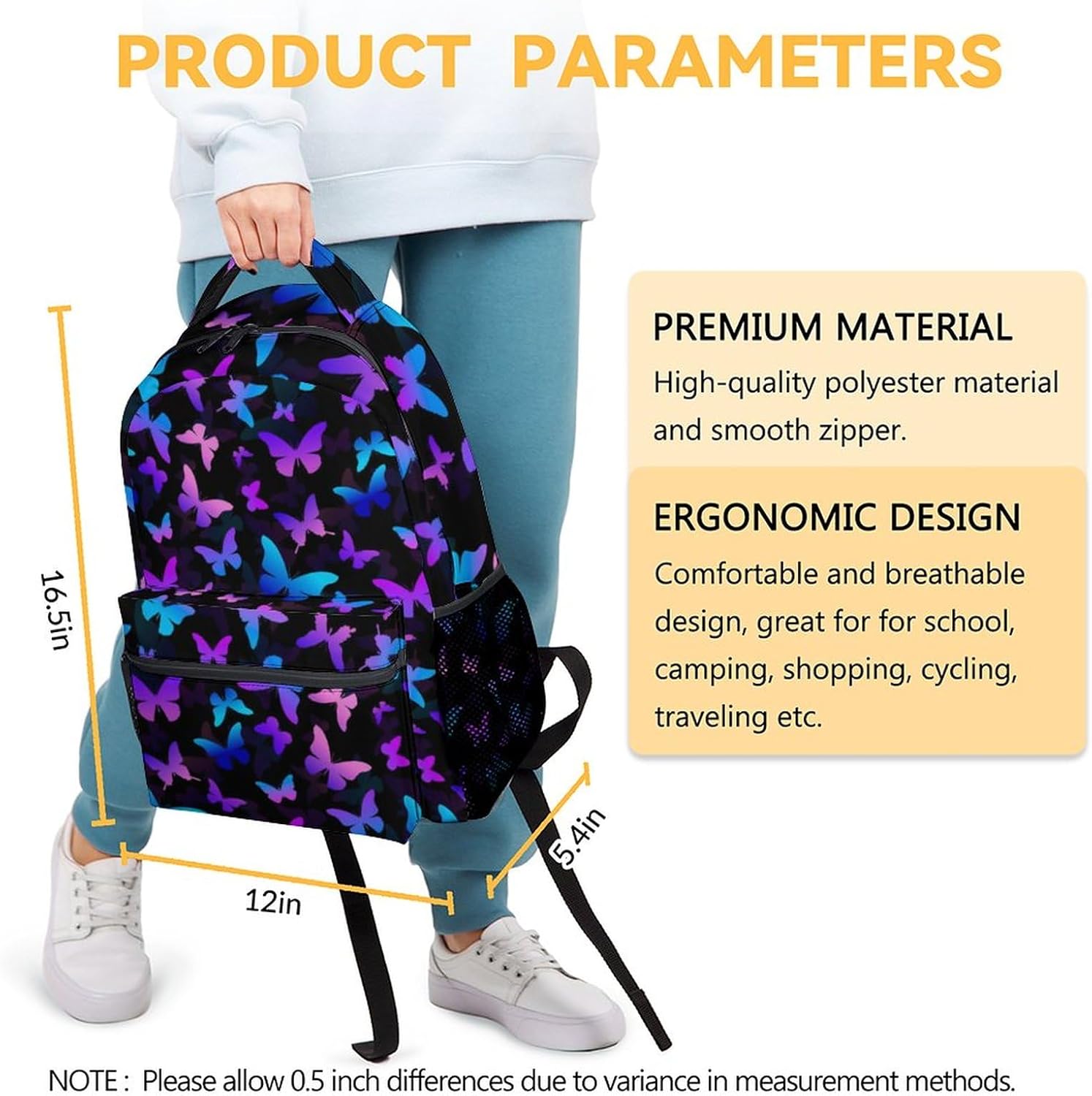 Butterfly Backpack for Kids Girls, 16" Cute Cartoon Backpack for School, Large Capacity Bookbag for Students, Backpack Gifts for Butterfly Lovers - Image 3