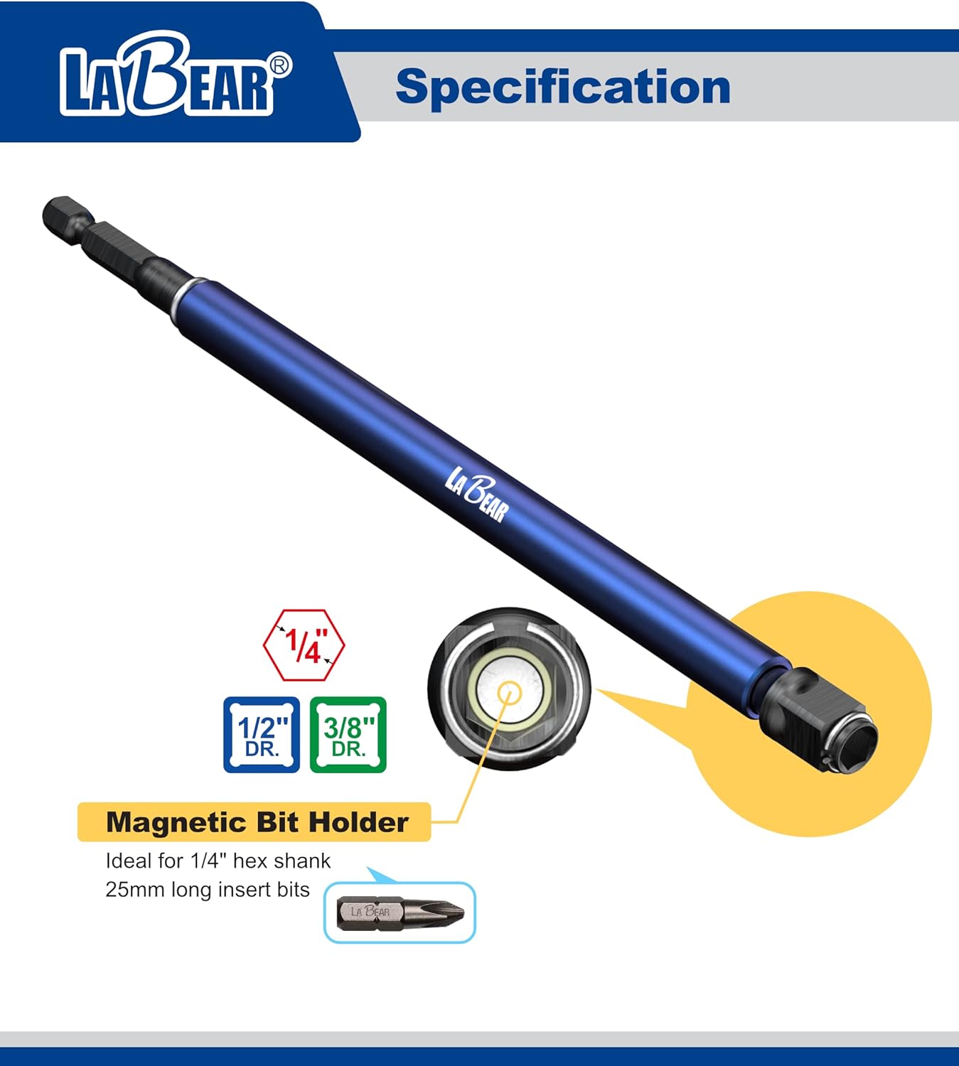 LABEAR - 1/2"x8", 2-in-1 Impact Bit and Socket Adapter – 8-Inch Adapters -Holds Standard 1/4-Inch Hex Bits and 1/2-Inch Drive Sockets – Spinning Sleeve Stabilizes Adapter