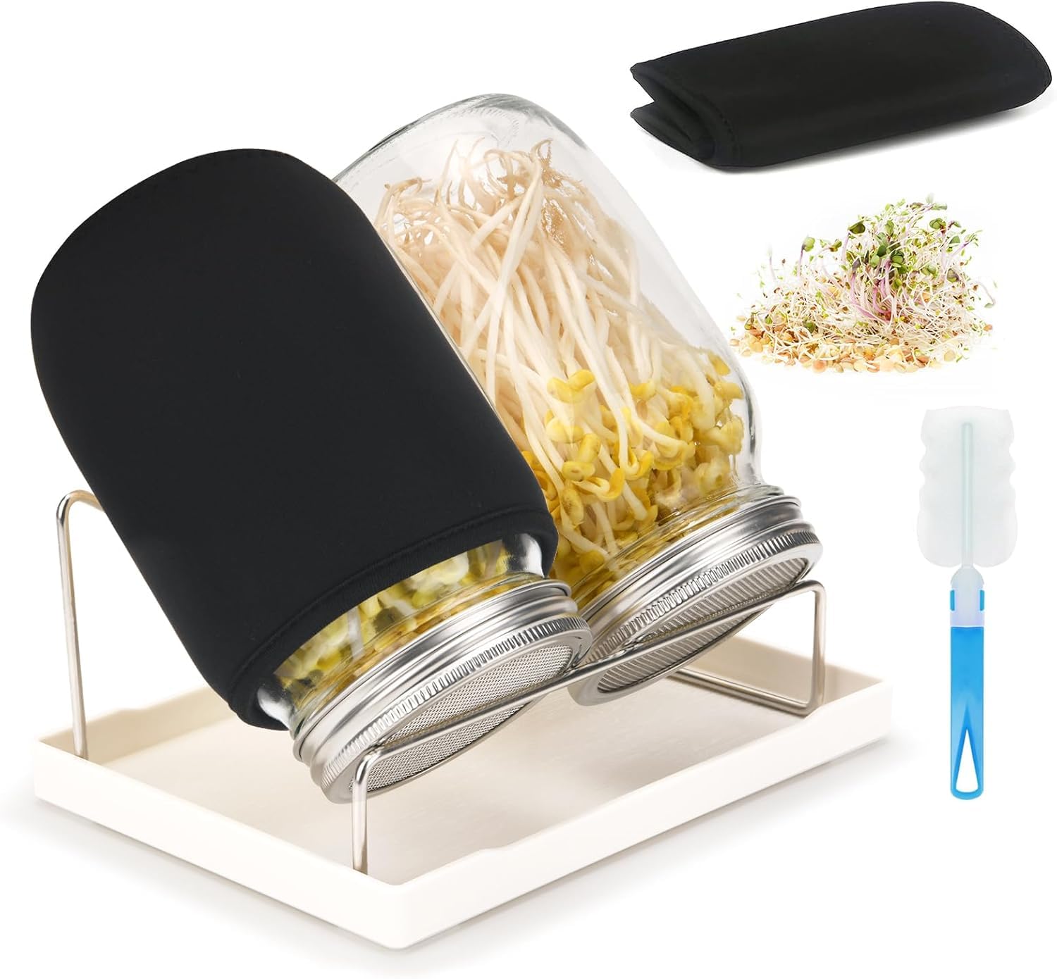 Deefongo Seed Sprouting Jar Kit 2 pcs, 1000ml Wide Mouth Quart Jars Sprouts Growing Kit with Screened Sprouting Lids, Holder and Canning Brush for Growing Broccoli, Alfalfa, Mung Beans