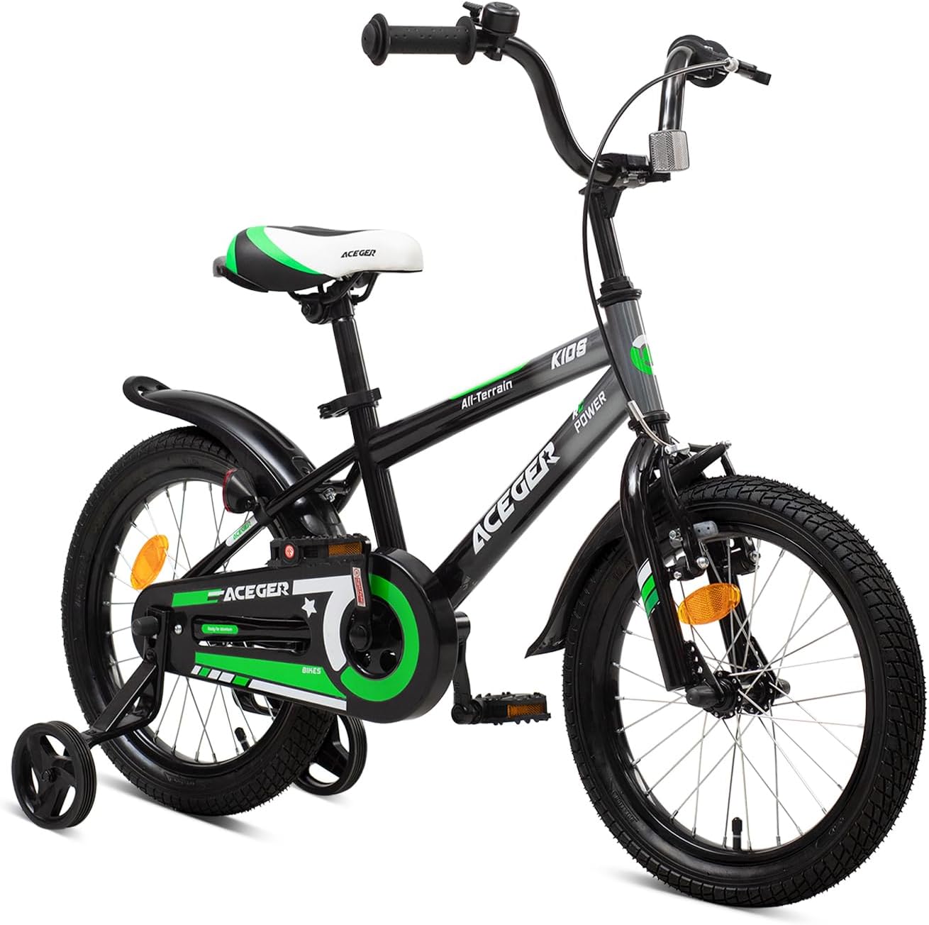 ACEGER Simon Kids Bike for Boys Girls Toddlers, Unisex for Aged 3-13 Years, 12 14 16 Inch Children Bicycle with Training Wheels, 20 Inch Bike with Kickstand Green 14" With Training Wheels