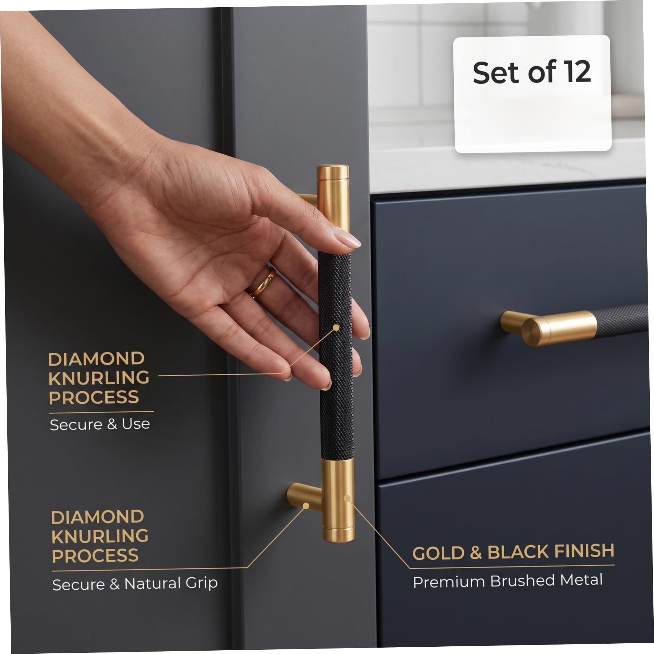 Maniglie da cucina, ferramenta per mobili in alluminio da 12, 7 cm, confezione da 12, nero e oro