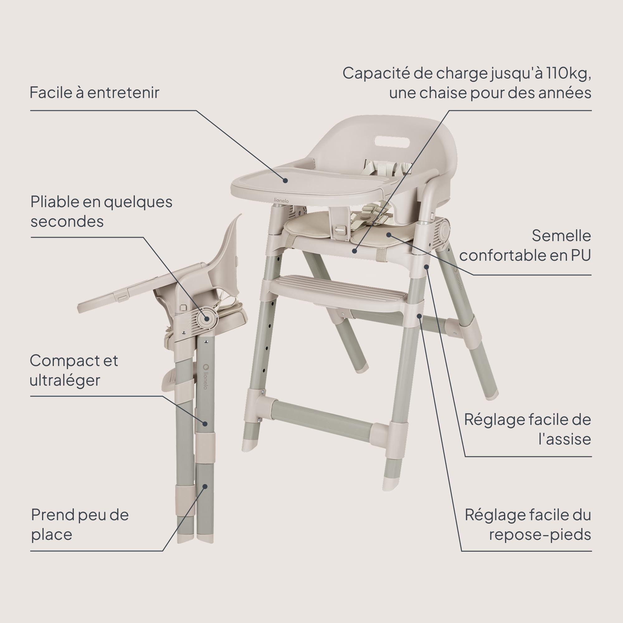 Lionelo Matt Chaise Haute Bébé 3 en 1, Pliable et Évolutive, Beige | Dès 6 Mois, Assise et Repose-Pieds Réglables, Plateau Lave-Vaisselle, Harnais 5 Points, Coussin Doux, Jusqu’à 110 kg
