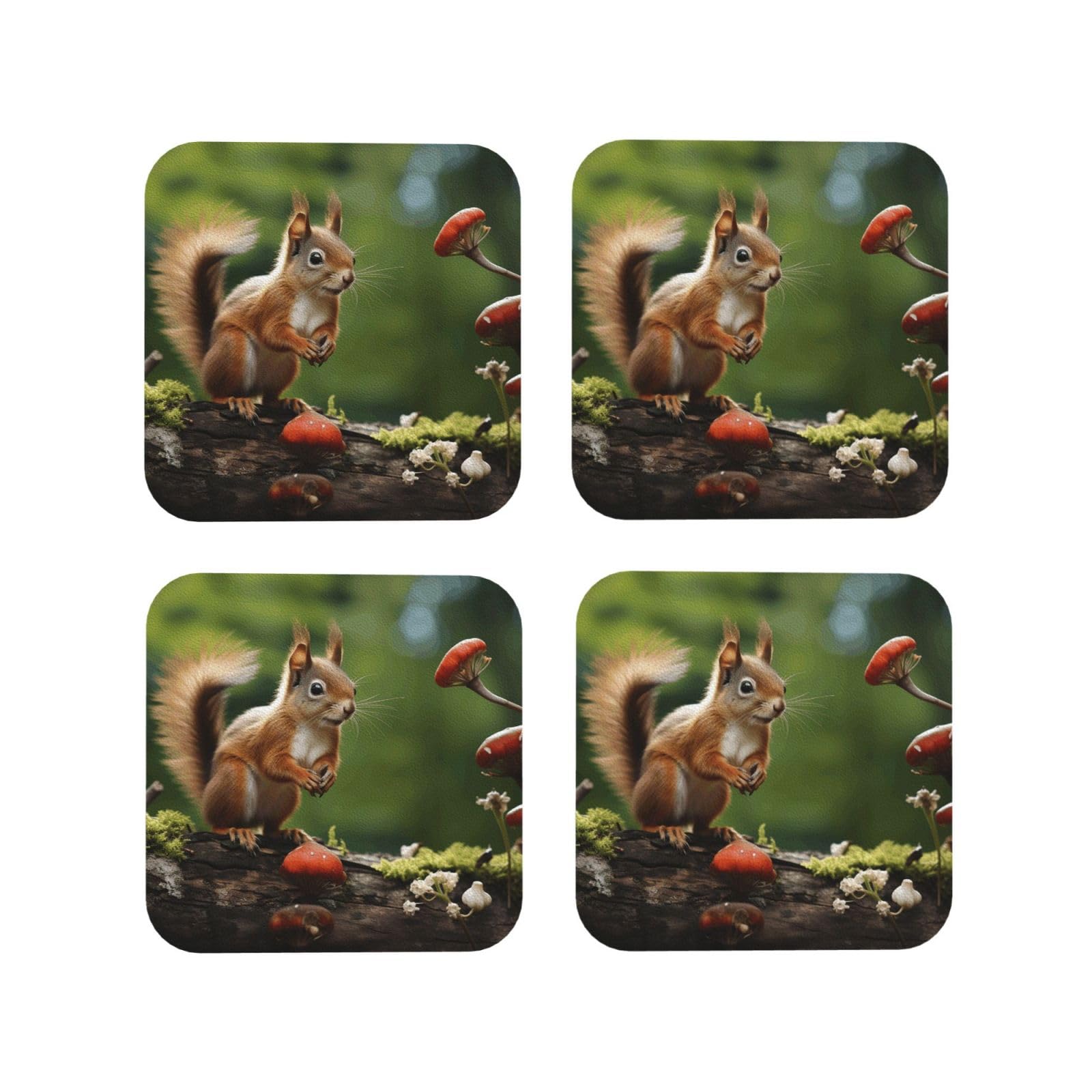 4Pcs PU Leather Coaster for Drinks, Red Squirrel on Small Green ​Hill Cup Coastersr 4" Cup Mat Pad, Aesthetic Drink Coasters for Coffee Table, Square Coaster for Tabletop Protection