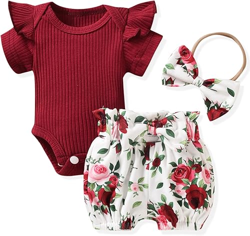 Aalizzwell Traje de verano con pantalón corto y acanalado para bebé niña