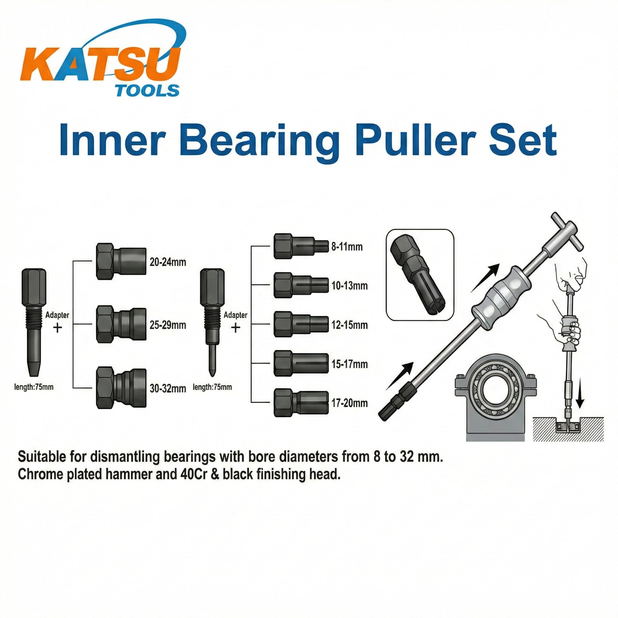 KATSU Tools - Set di 12 pezzi per estrattori di cuscinetti interni per fori ciechi con martello a scorrimento e mandrini espandibili 8-32 mm per officina auto e moto, Modello 450745