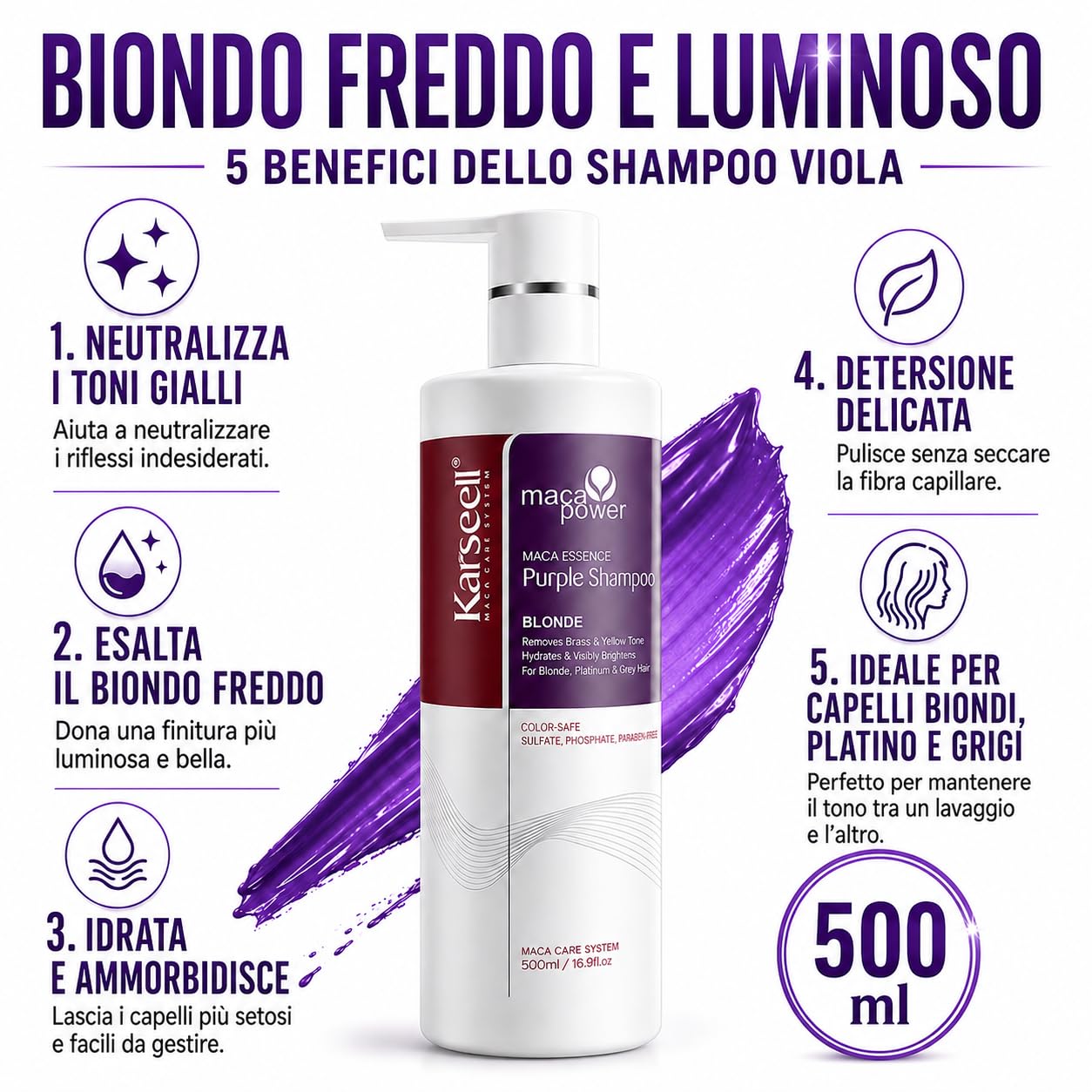 Karseell MACA CARE SYSTEM Set Professionale Antigiallo Maschera Viola 500ml Shampoo Viola 500ml Siero Olio di Argan 50ml per Capelli Biondi Platino e Grigi Idratante Riparatore Antifrizz